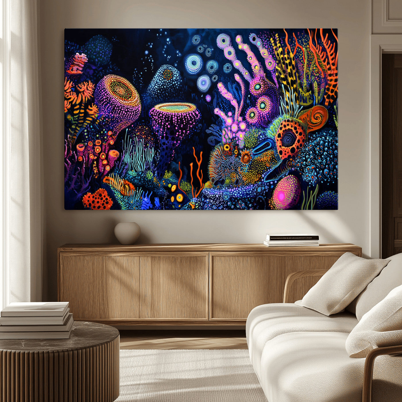 Vibrant and colorful abstract underwater coral reef artwork with diverse shapes and glowing patterns – Wall Art Canvas Print.