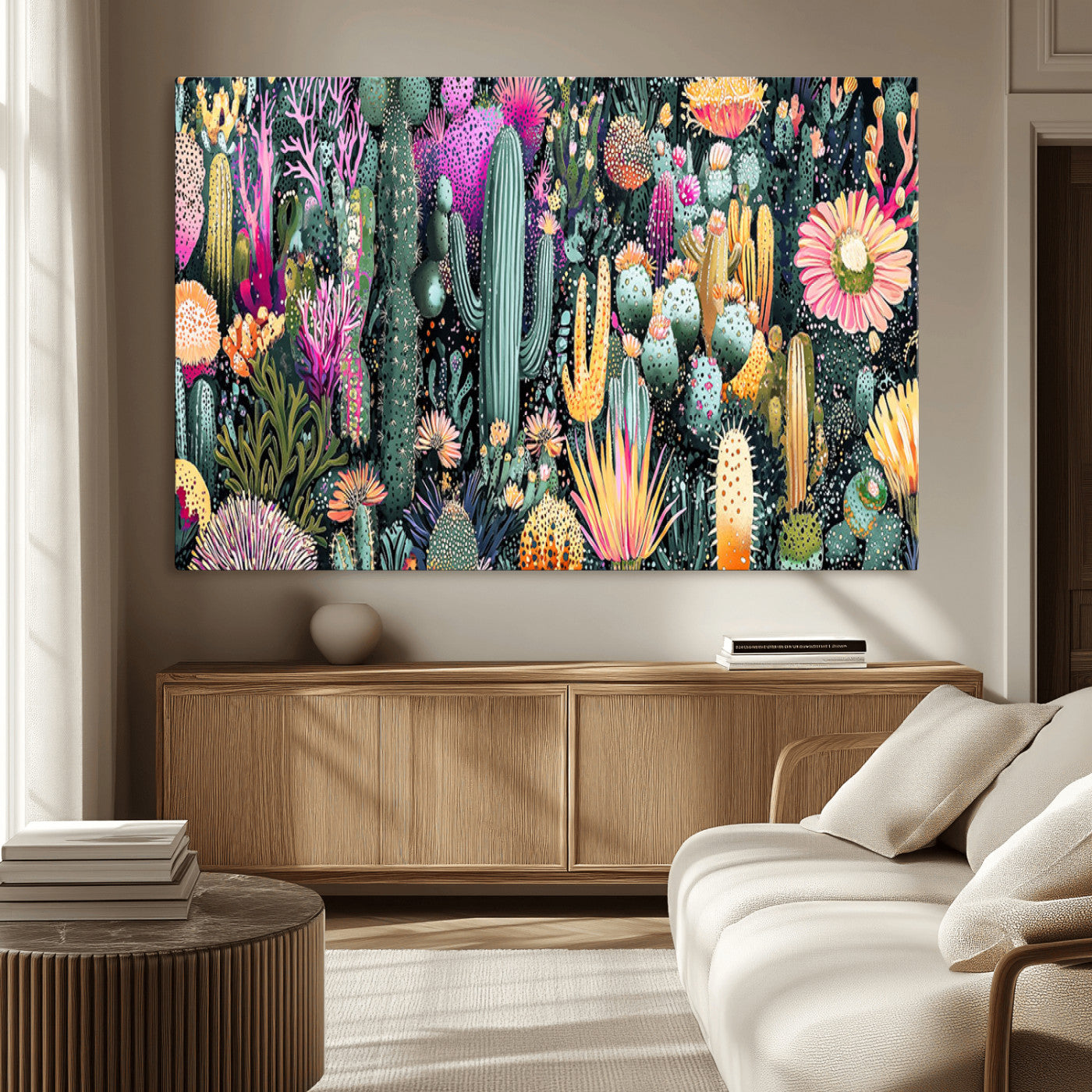 Colorful and detailed painting of various cacti and desert flowers in vibrant hues on a dark background – Wall Art Canvas Print.
