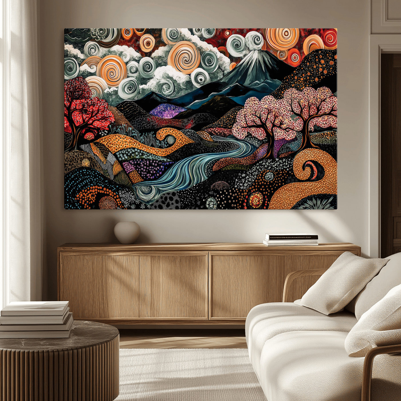 Vibrant abstract landscape painting featuring swirling clouds, colorful trees, flowing river, and textured hills under a mountain – Wall Art Canvas Print.