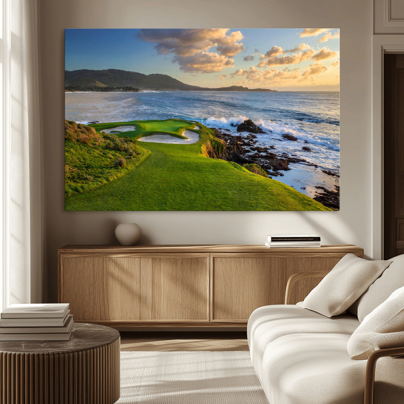 MGV-CV-36X24 - Stunning Coastal Golf Course at Sunset with Rolling Green Fairways and Ocean Waves – Perfect Wall
