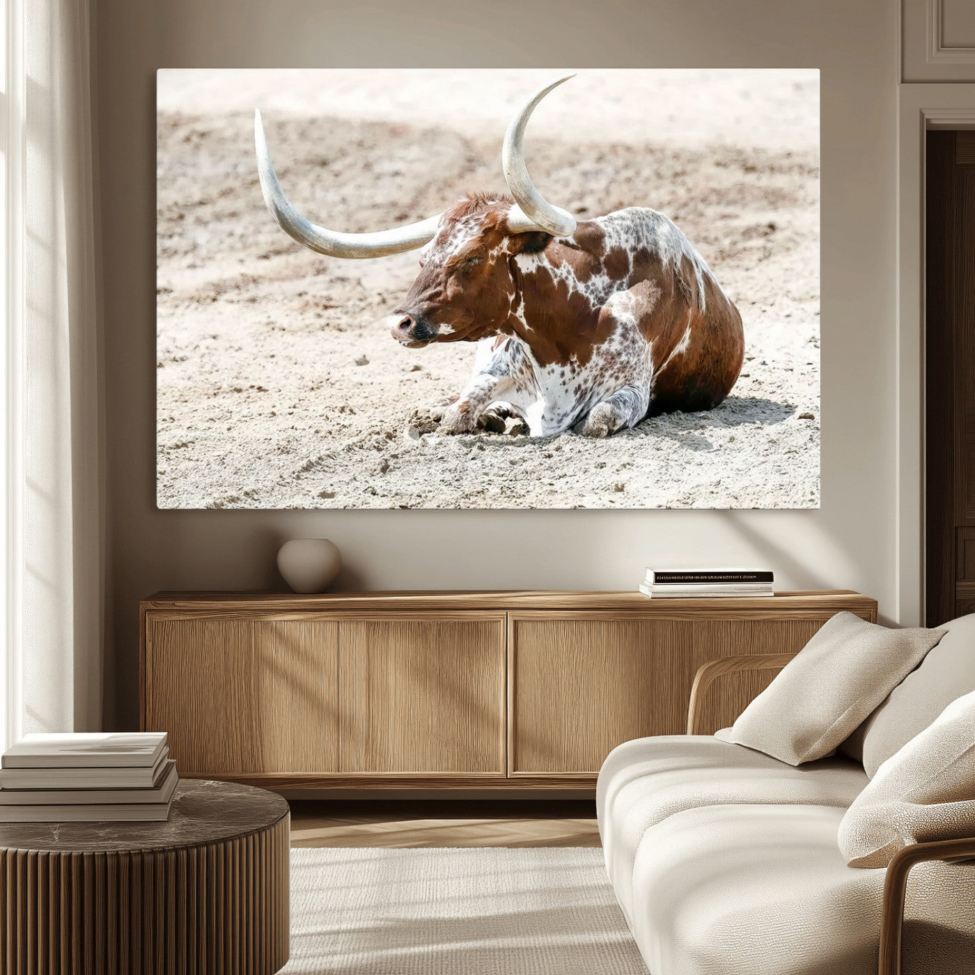 MGV-CV-36X24 - Majestic Longhorn Resting on Sunlit Desert Ground – Striking Western-Themed Wall Art Canvas Print