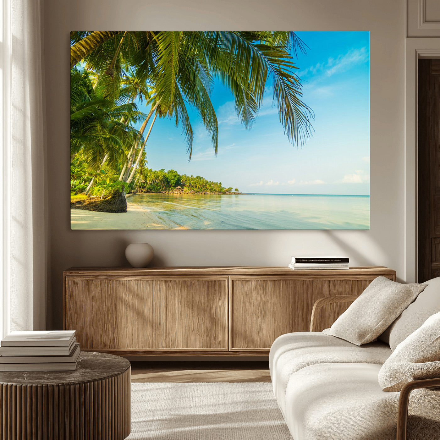 MGV-CV-36X24 - Peaceful Tropical Beach with Palm Trees and Calm Blue Sea – Serene Coastal Wall Art Canvas Print for