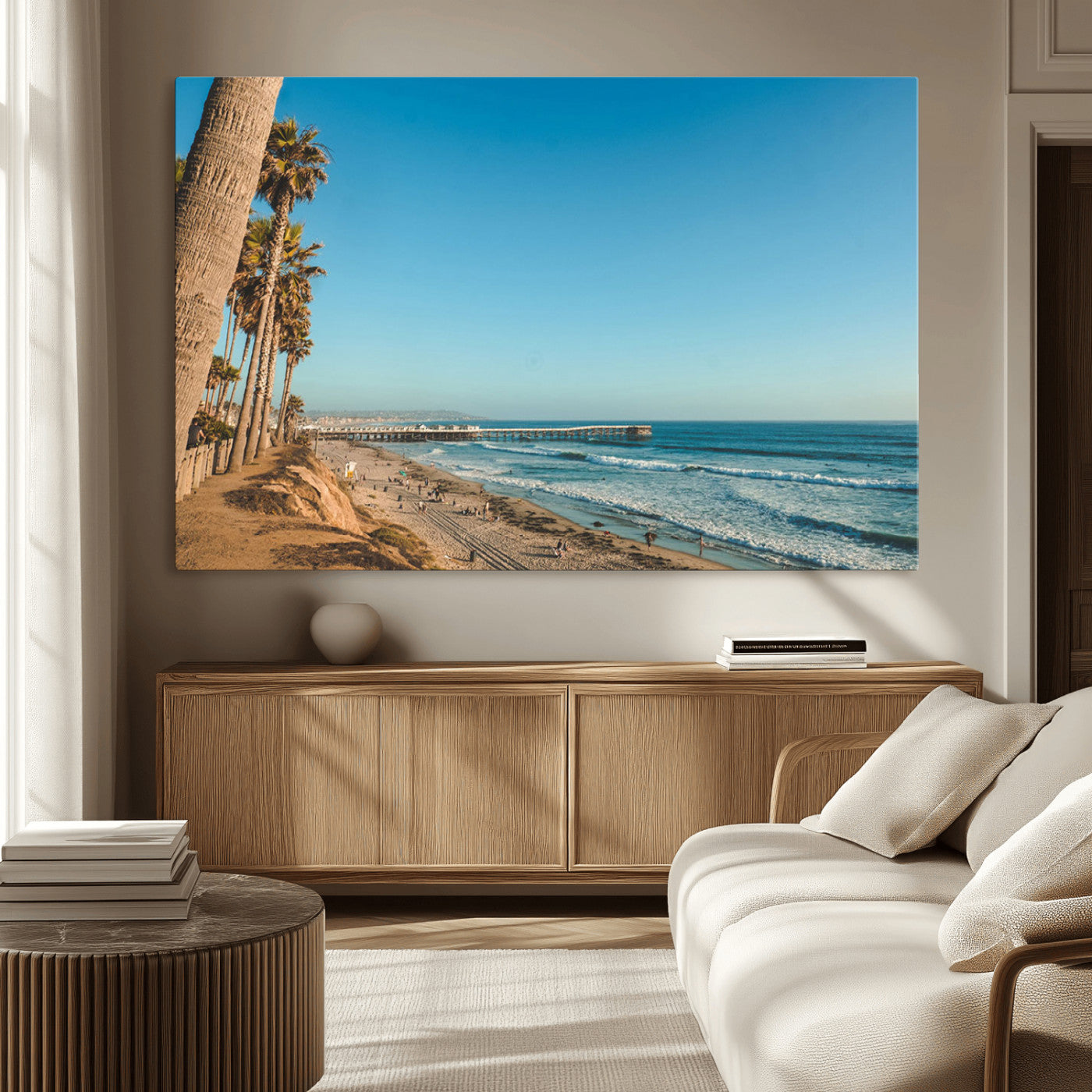 MGV-CV-36X24 - Scenic Beach with Tall Palm Trees, Sandy Shore, and Long Pier Stretching into the Calm Ocean Under