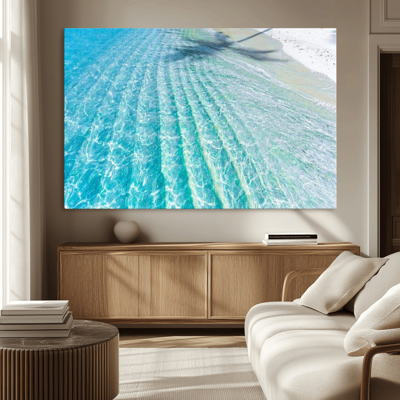 17528159-MGV-CV-36X24-Crystal Clear Shallow Ocean Water with Sunlight Reflections and Palm Tree Shadow on Sandy Beach – Beautiful Wall Art Canvas Print for Coastal Decor