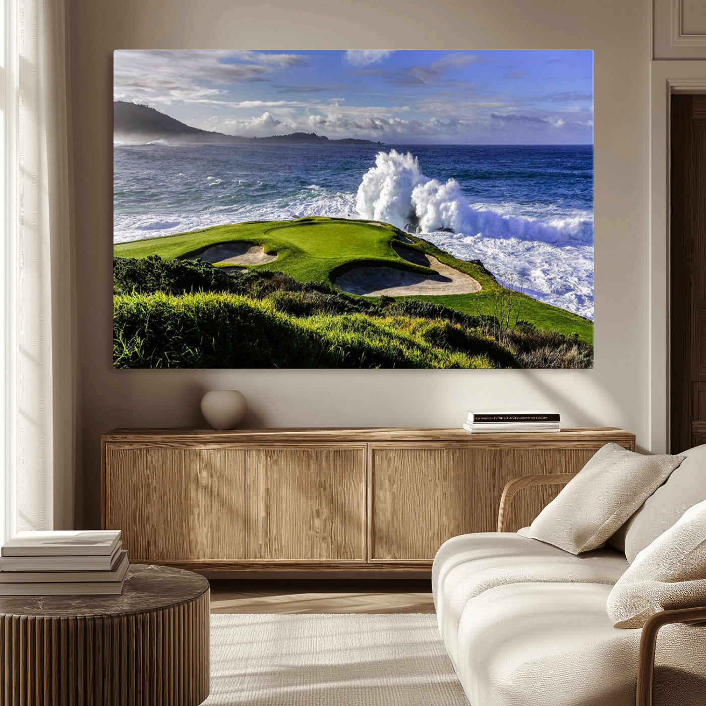78508908-MGV-CV-36X24-Dramatic Ocean Waves Crashing Against Rocky Coastline Near a Green Golf Course – Stunning Wall Art Canvas Print for Nature and Sports Lovers