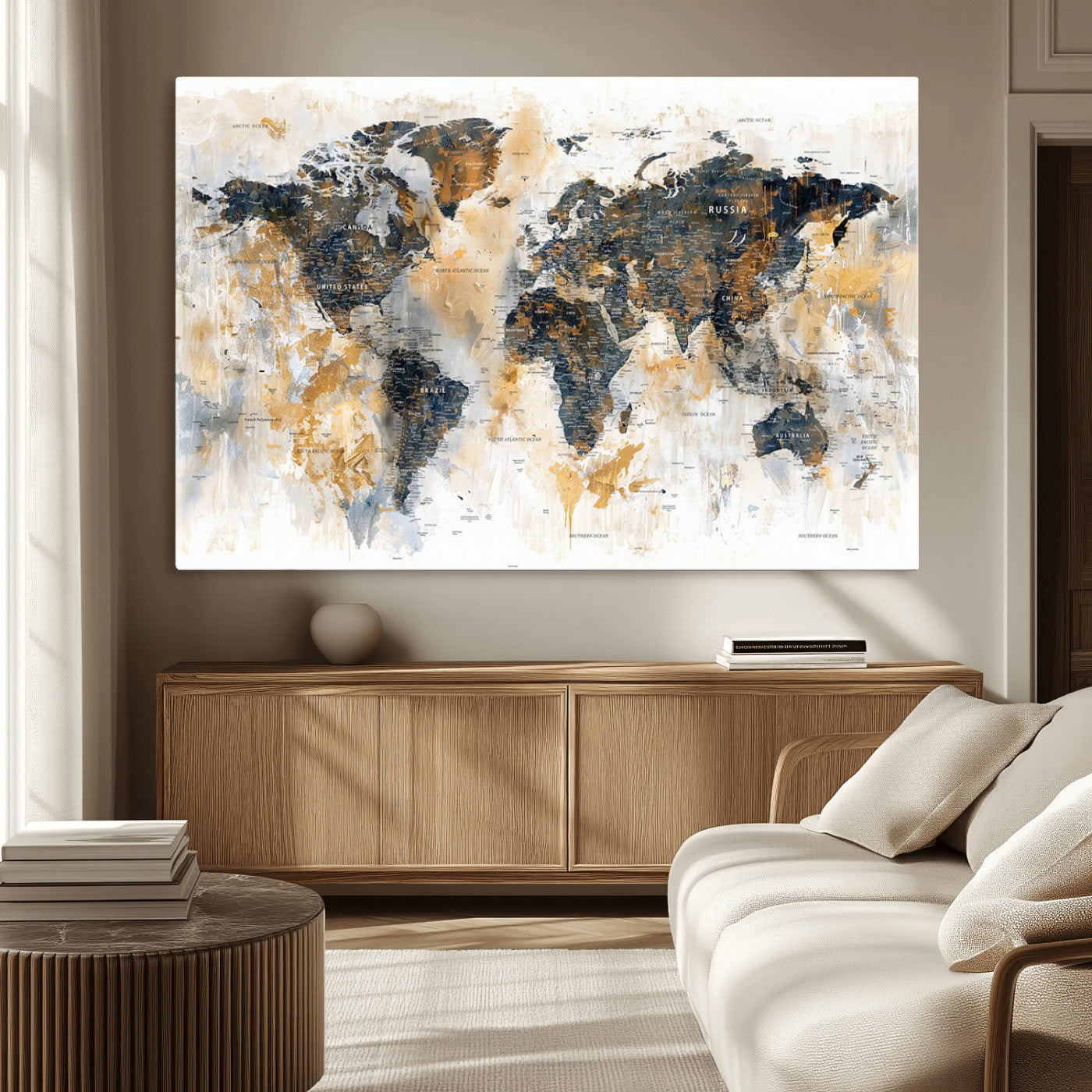 Artistic world map with textured brush strokes in shades of gold, navy blue, and white, showing continents and countries with an abstract, painterly effect.