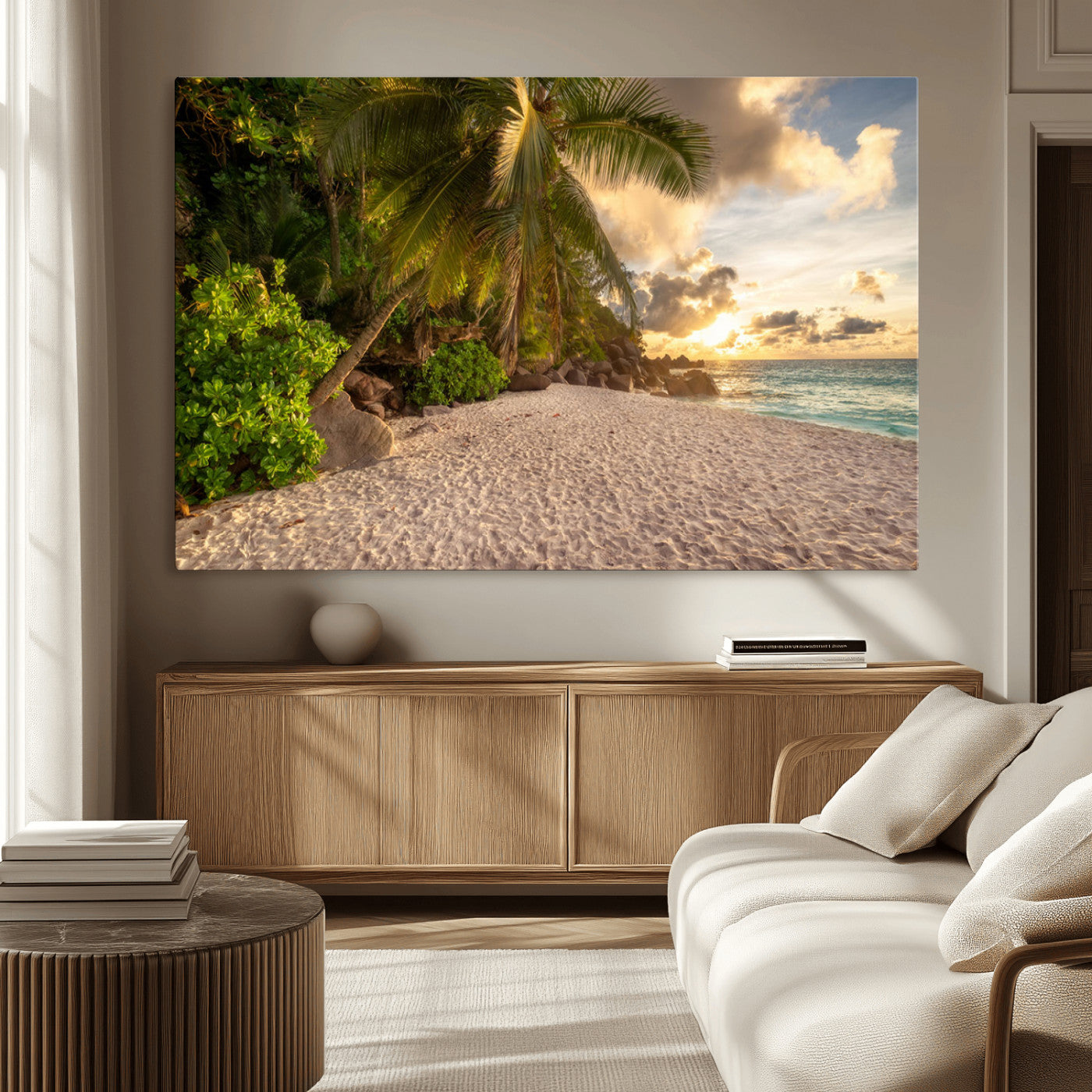 89531159-MGV-CV-36X24-Tropical beach sunset, palm trees, white sand, ocean waves, golden sky, serene landscape, nature beauty, tranquil shore, Wall Art Canvas Print
