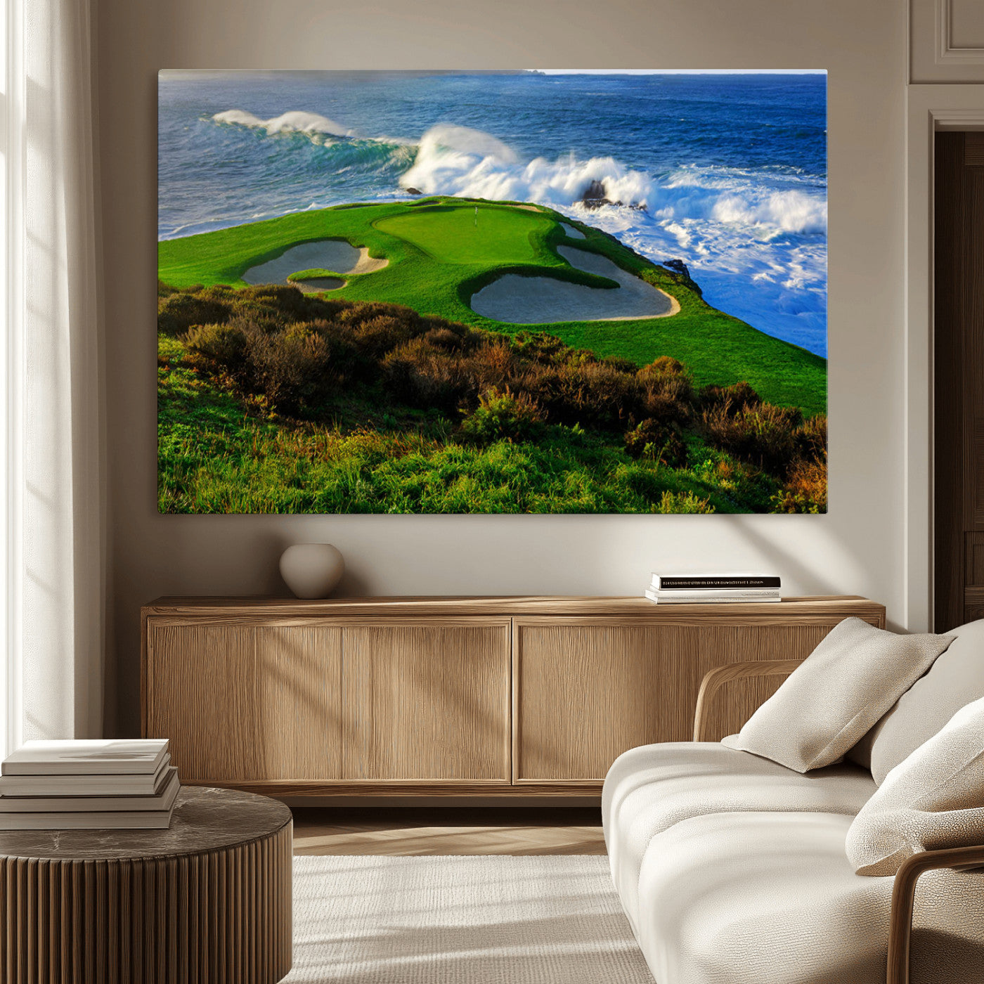 MGV-CV-36X24 - Ocean Cliffside Golf Course Green Waves Surf Sand Bunker Scenic Coastal Landscape Nature Wall Art