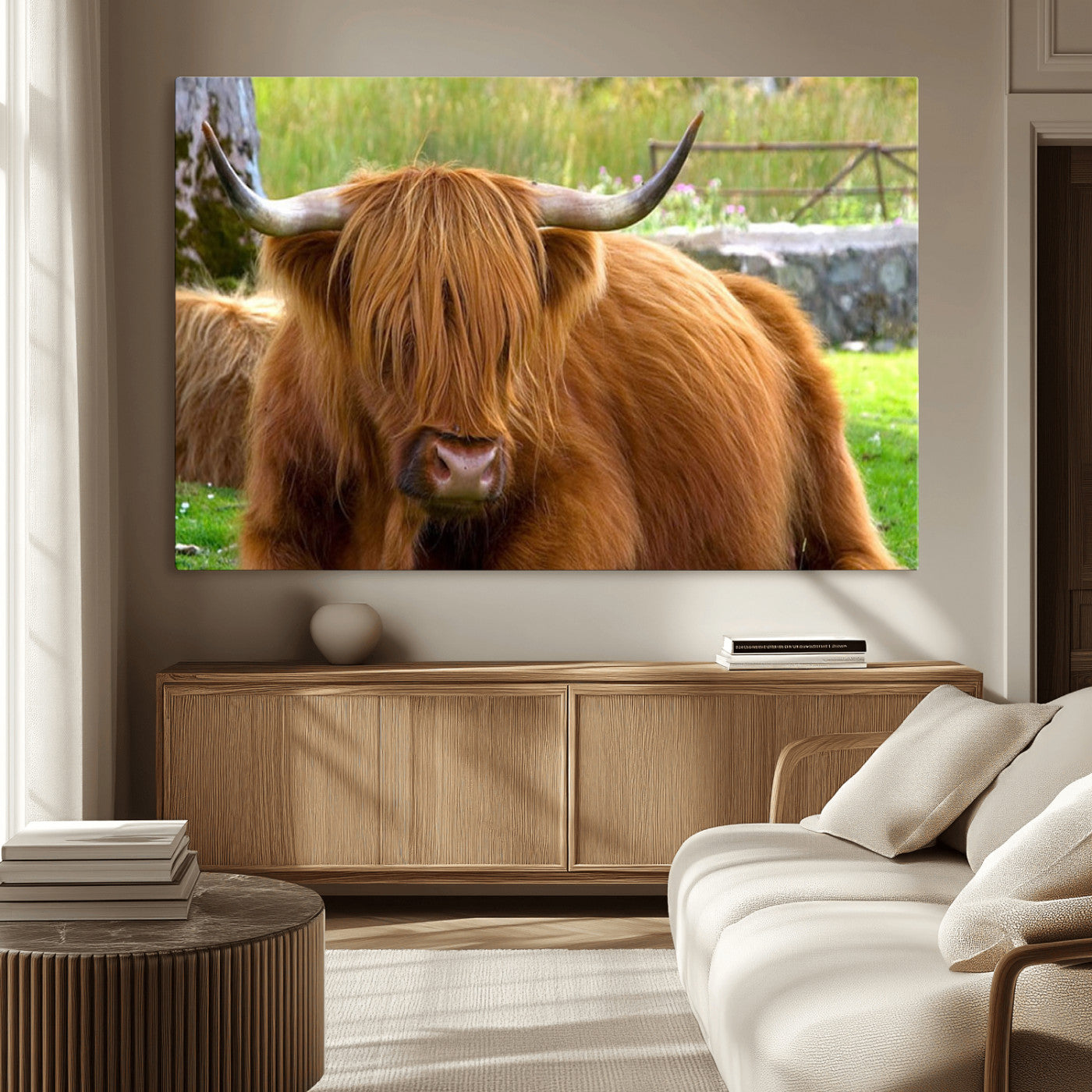 68411138-MGV-CV-36X24-Highland Cow Long Hair Rustic Farm Animal Horns Green Pasture Natural Beauty Outdoor Wall Art Canvas Print