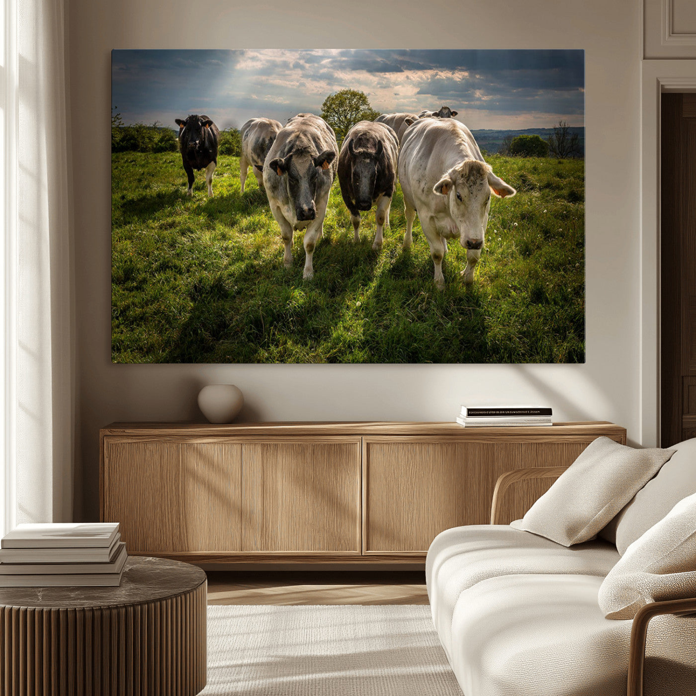 67277447-MGV-CV-36X24-Grazing Cattle Herd Pasture Green Field Livestock Natural Farm Animals Rural Life Outdoor Wall Art Canvas Print