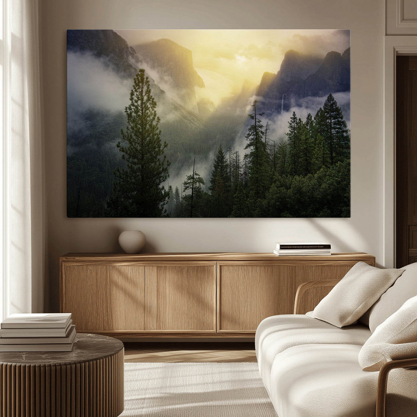 38316884-MGV-CV-36X24-Misty Forest Sunrise Mountain Valley Pine Trees Foggy Landscape Nature Scenic Outdoors Calm Tranquil Wall Art Canvas Print