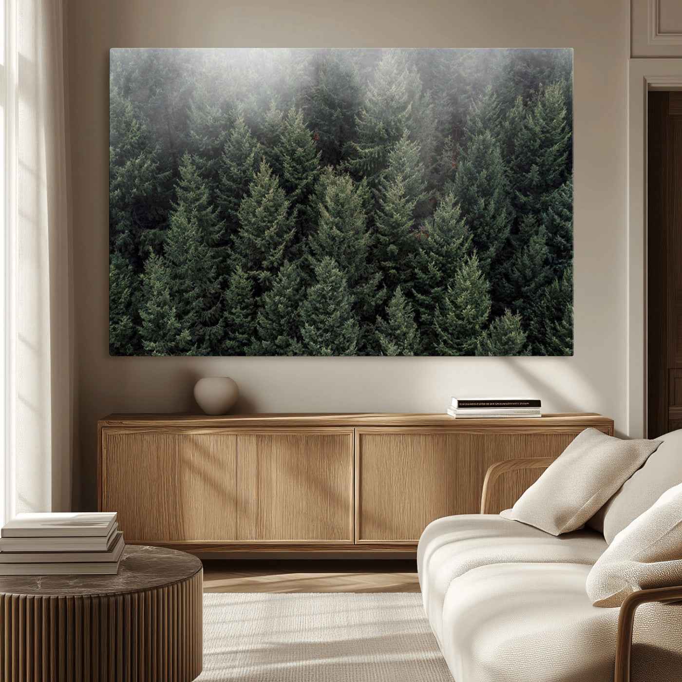 84059409-MGV-CV-36X24-Dense Evergreen Forest Misty Morning Fog Pine Trees Woodland Nature Landscape Calm Peaceful Scenic Wall Art Canvas Print