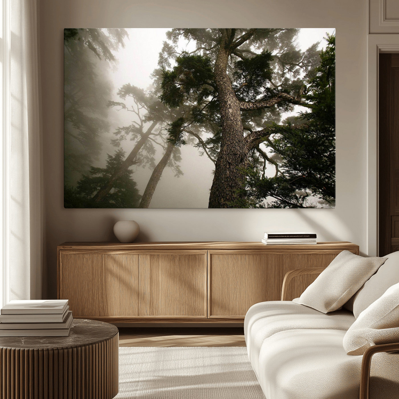 87969493-MGV-CV-36X24-Misty Forest Tall Trees Foggy Atmosphere Nature Serenity Calm Wooded Landscape Tranquil Scene Outdoor Beauty Wall Art Canvas Print