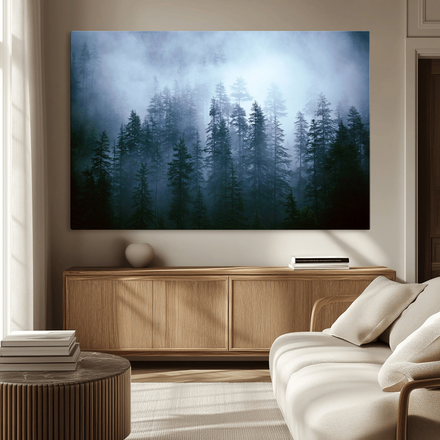 93439624-MGV-CV-36X24-Foggy Evergreen Pines Mist Forest Blue Haze Moody Atmospheric Wilderness Nature Trees Scenic Tranquil Peaceful Landscape Wall Art Canvas Print