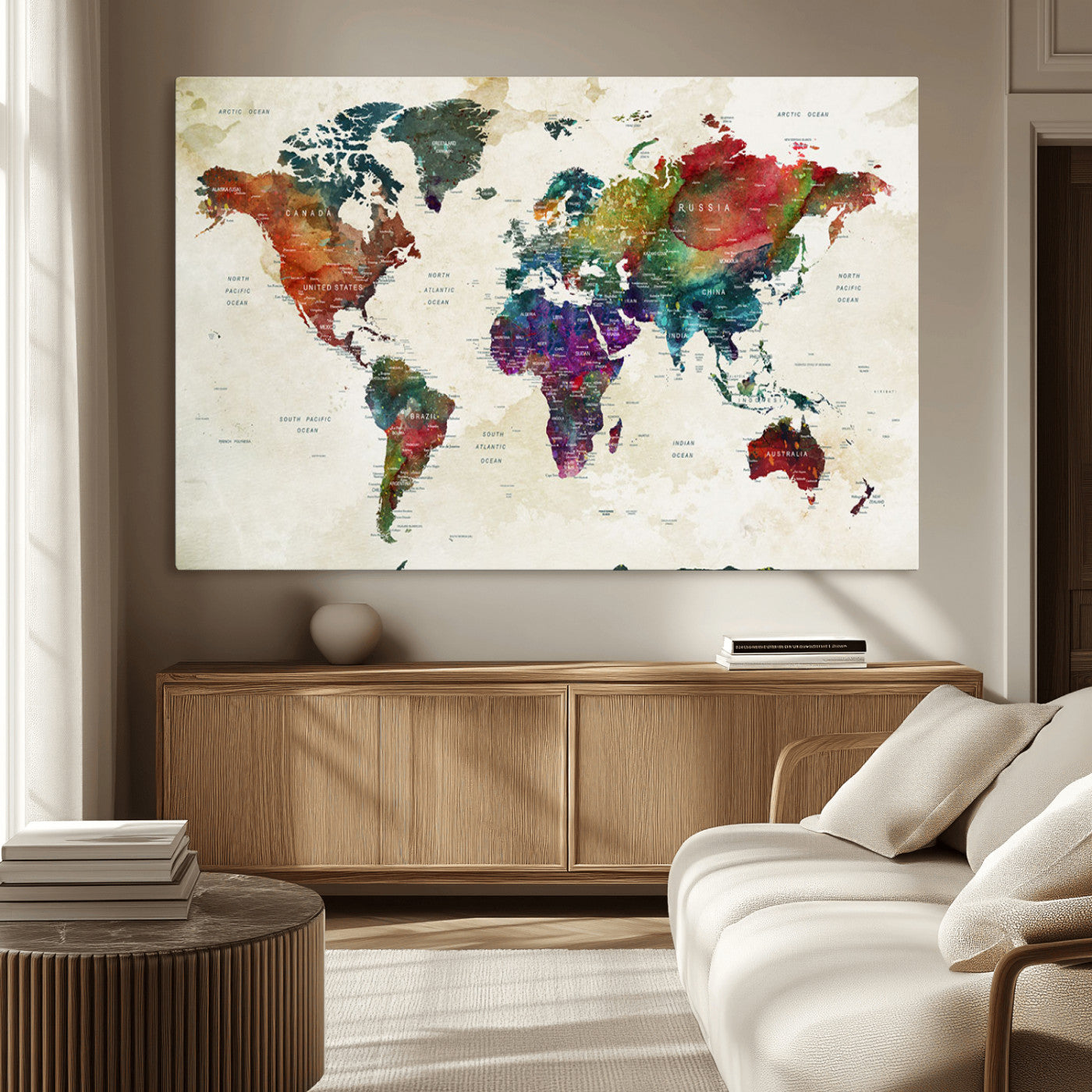 Colorful watercolor world map with countries labeled, featuring rich, vibrant hues across continents on a vintage beige background, Wall Art Canvas Print style.