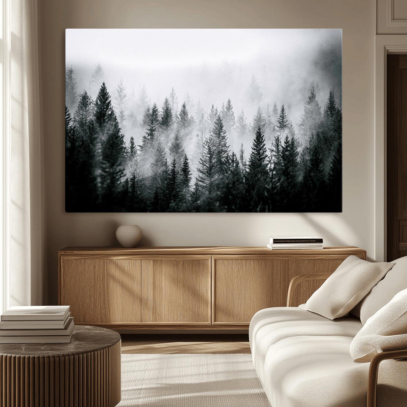Horizontal black and white canvas wall art of foggy pine forest landscape for modern and rustic home decor