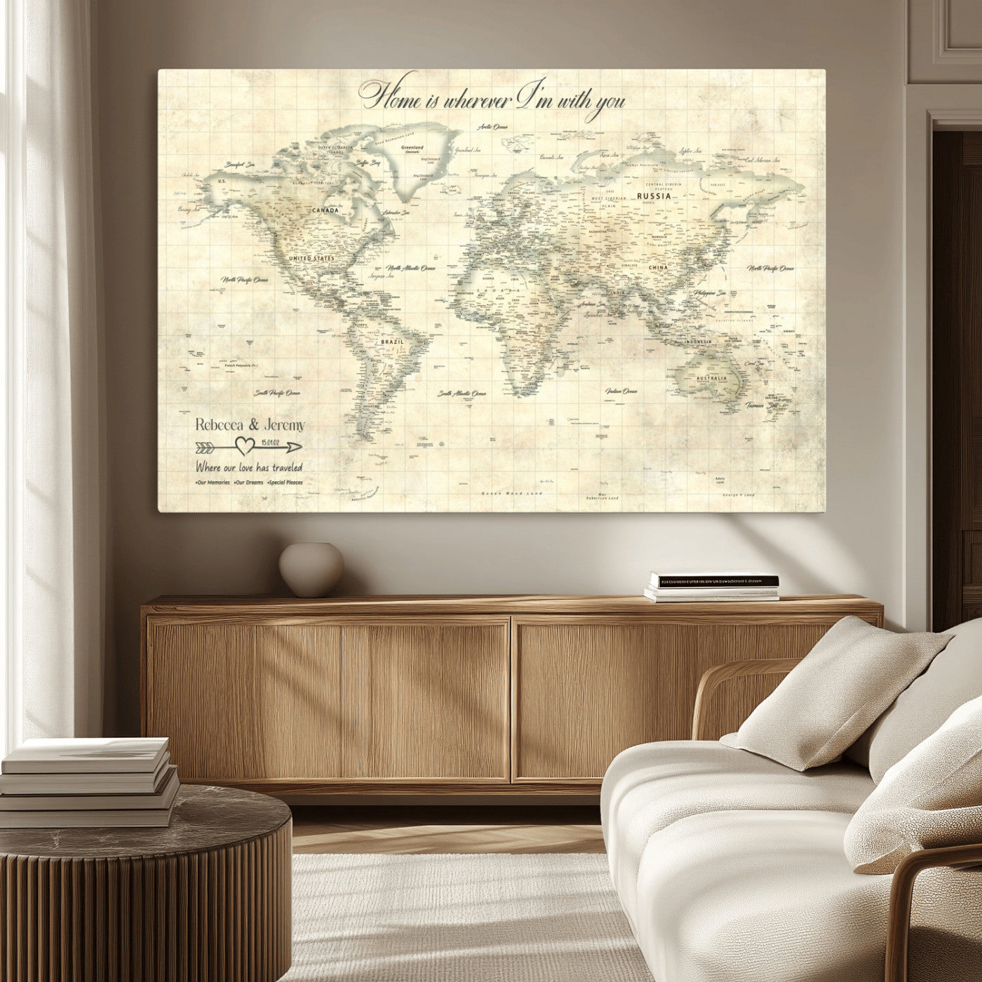 MGV-CV-36X24 - Personalized World Map Wall Art Canvas Print – Custom Push Pin Travel Map for Couples, Families, or Office Décor