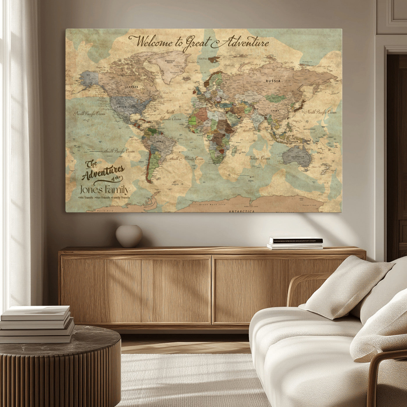 MGV-CV-36X24 - Personalized World Map Wall Art Canvas Print – Custom Push Pin Travel Map for Couples, Families, or Office Décor