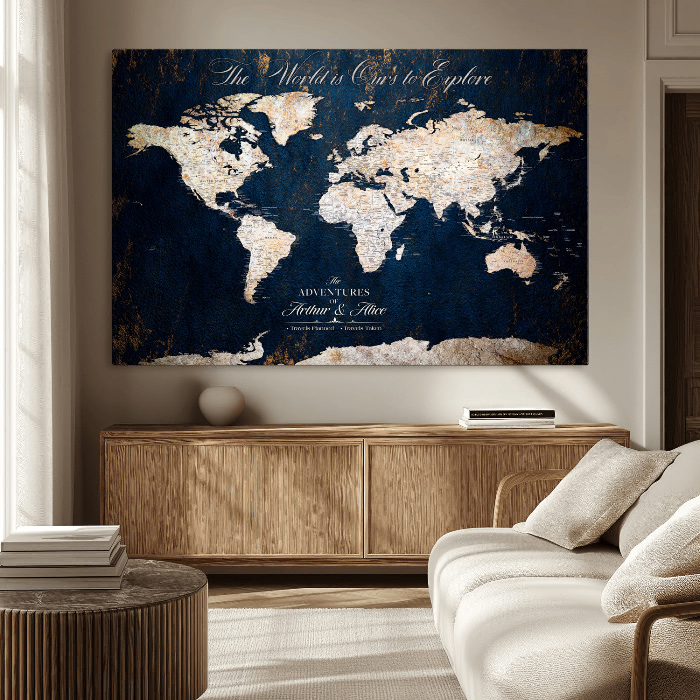 MGV-CV-36X24 - Personalized World Map Wall Art Canvas Print – Custom Push Pin Travel Map for Couples, Families, or Office Décor