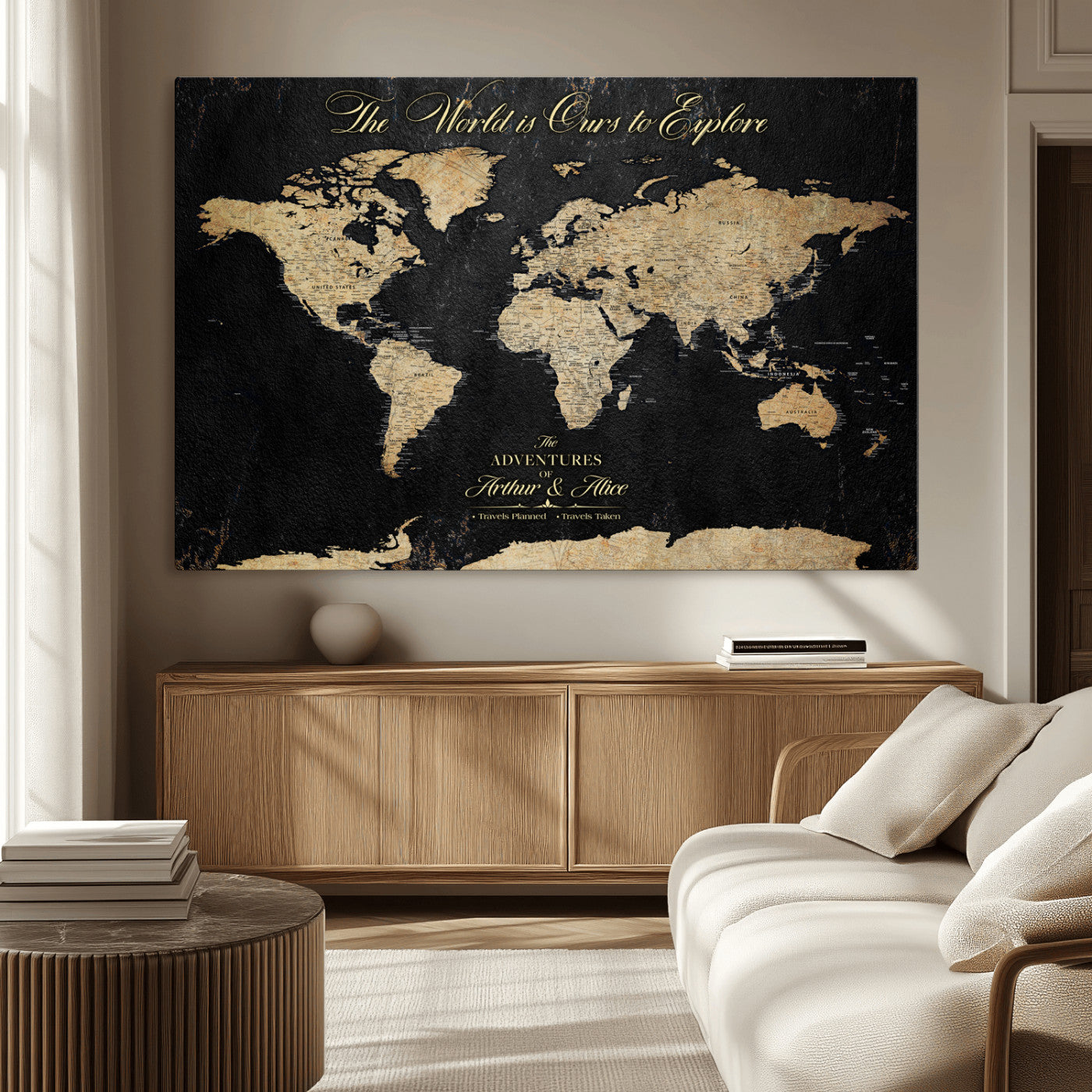 MGV-CV-36X24 - Personalized World Map Wall Art Canvas Print – Custom Push Pin Travel Map for Couples, Families, or Office Décor