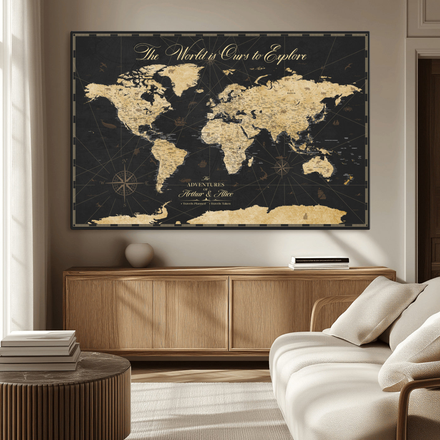 MGV-CV-36X24 - Personalized World Map Wall Art Canvas Print – Custom Push Pin Travel Map for Couples, Families, or Office Décor