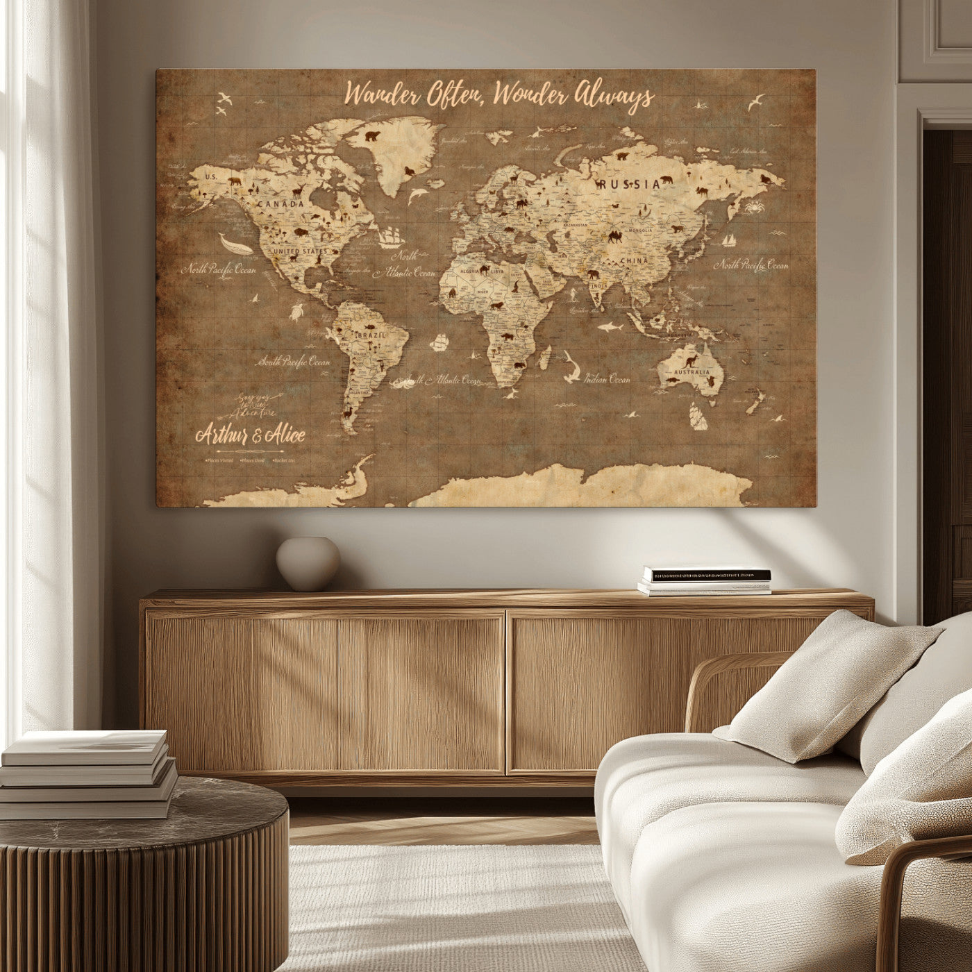 MGV-CV-36X24 - Personalized World Map Wall Art Canvas Print – Custom Push Pin Travel Map for Couples, Families, or Office Décor