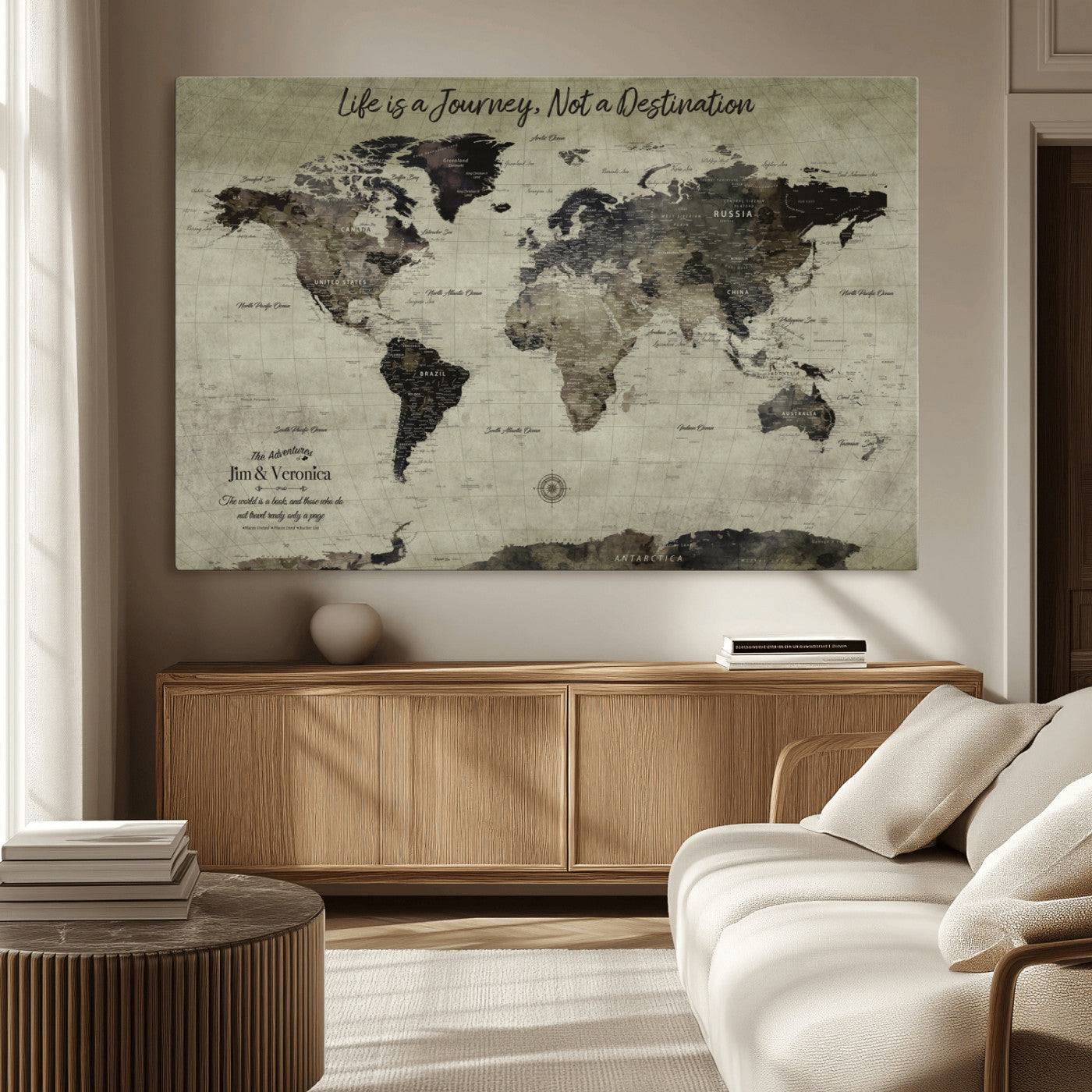 MGV-CV-36X24 - Personalized World Map Wall Art Canvas Print – Custom Push Pin Travel Map for Couples, Families, or Office Décor
