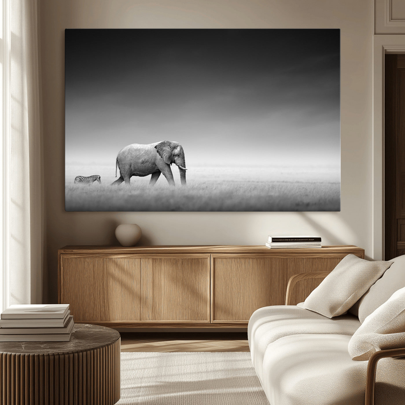 MGV-CV-36X24 - Elephand and Zebra Wall Art Canvas Print, Modern Artwork