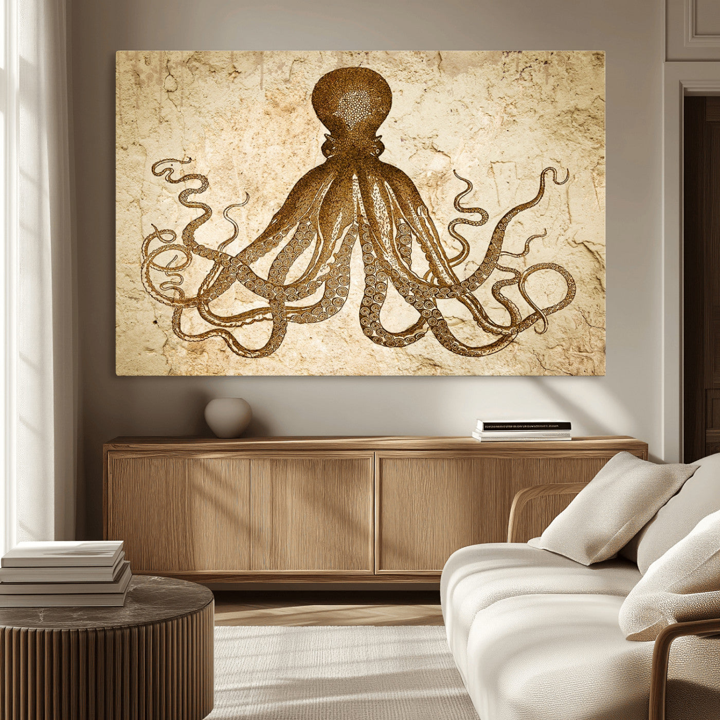 MGV-CV-36X24 - Sepia Octopus Wall Art Abstract Animal Canvas Print