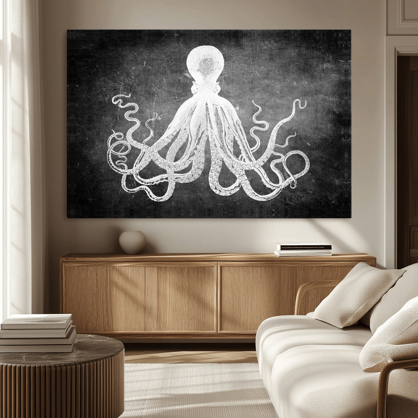 MGV-CV-36X24 - Black White Octopus Wall Art Canvas Print