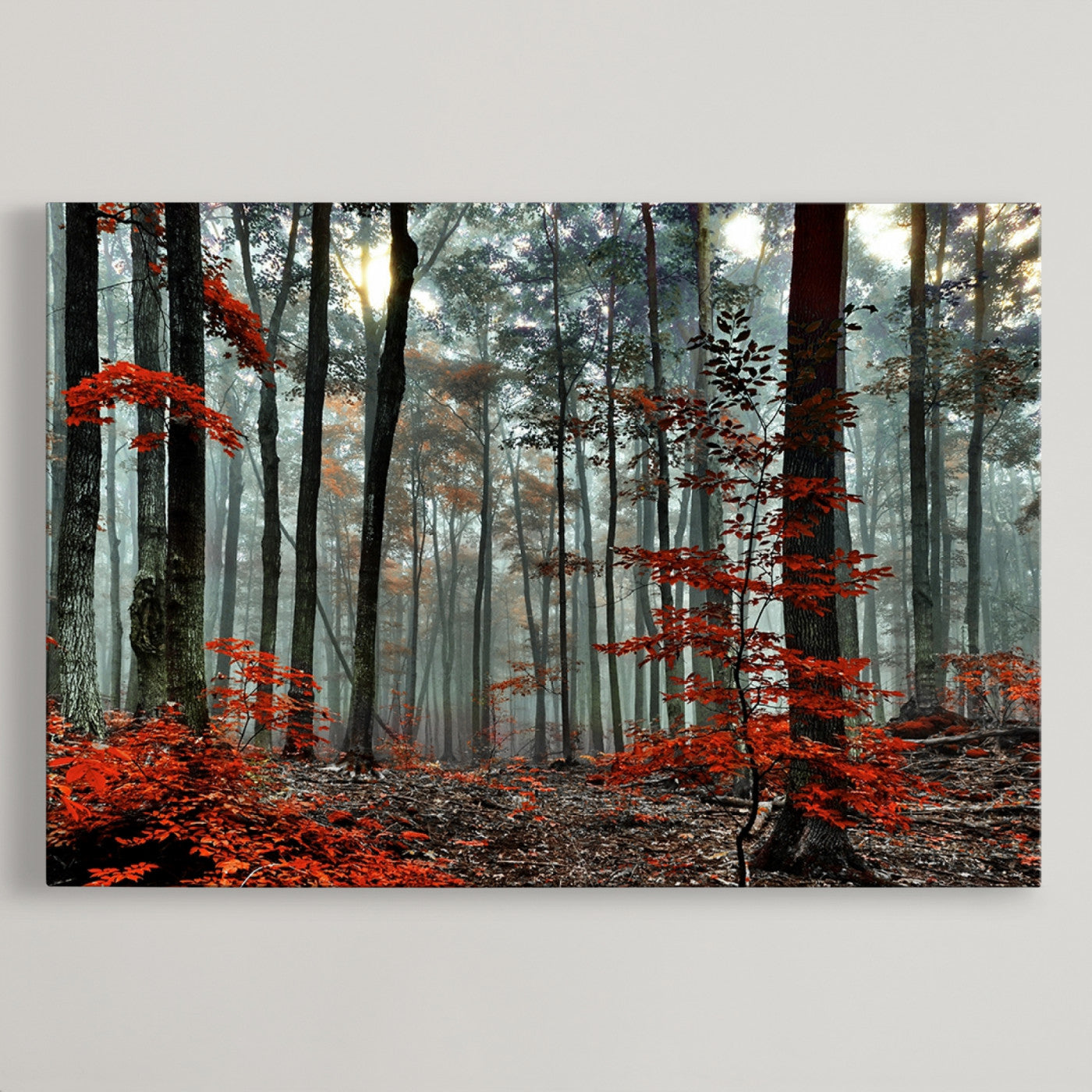 59209-MGV-CV-36X24-Autumn Forest Canvas Wall Art – Enchanting Red Leaves Triptych Print – Nature-Inspired Decor for Living Room or Office – Ready to Hang
