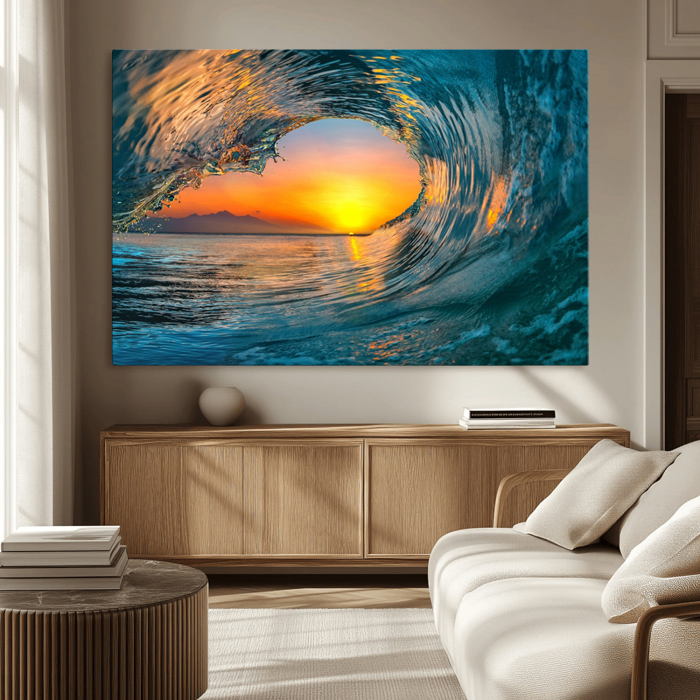 MGV-CV-36X24 - Ocean Wave Sunset Wall Art | Large Coastal Wave Canvas Print | 3-Panel Ocean Sunset Seascape for