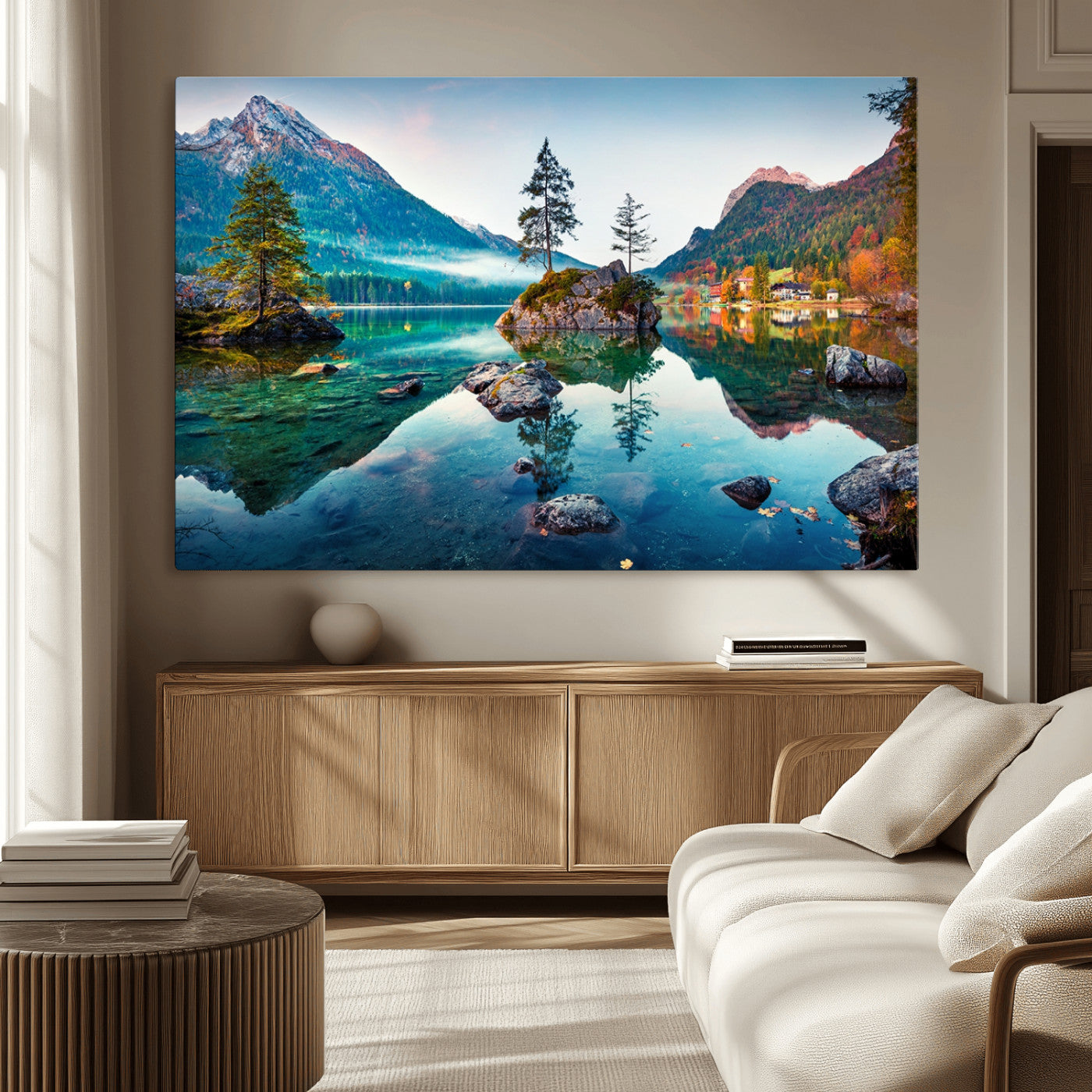 MGV-CV-36X24 - Crystal Clear Lake Wall Art | Mountains Wall Art Canvas | 3 Panel Large Landscape Print for Dining
