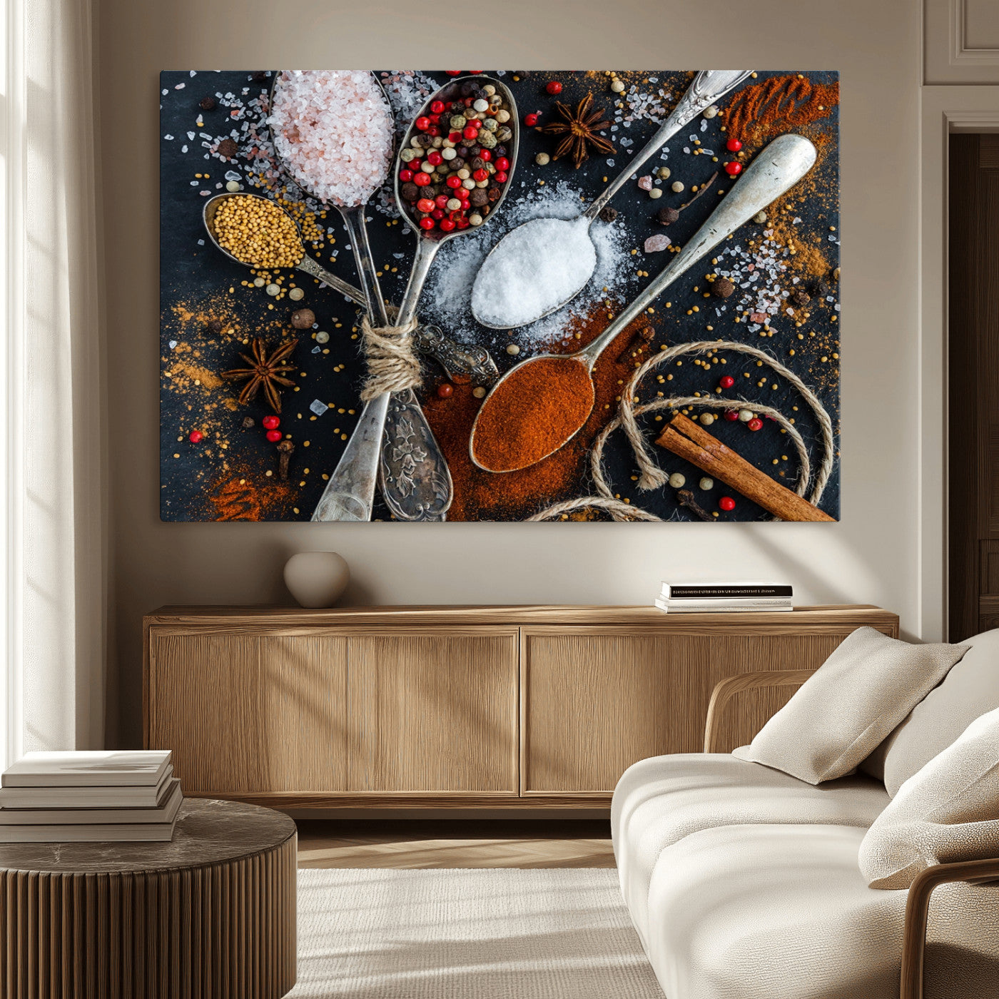 MGV-CV-36X24 - Spices and Seasonings Canvas Wall Art – Colorful Triptych Kitchen Decor – Culinary Art for Dining