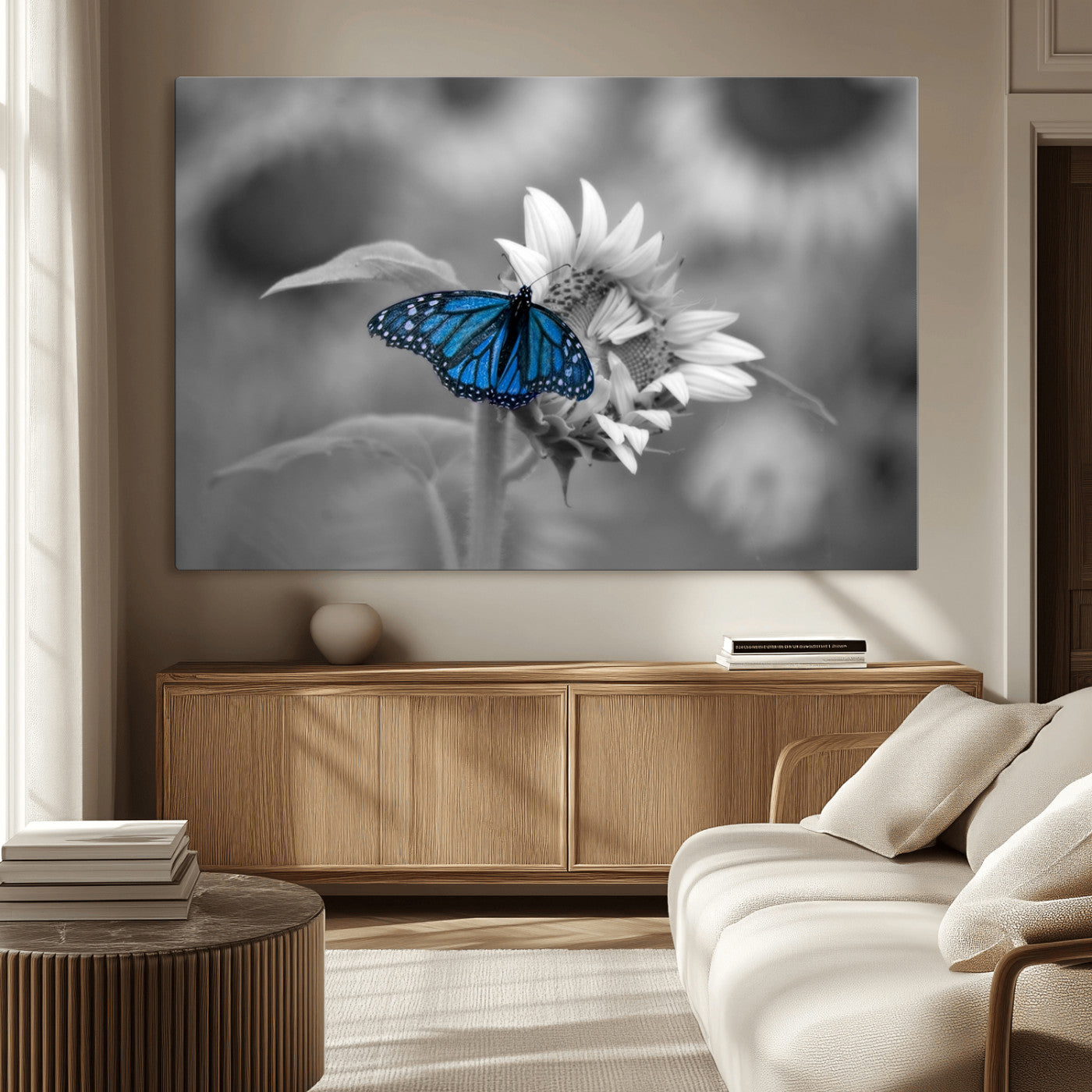 MGV-CV-36X24 - Blue Butterfly Black and White Canvas Wall Art