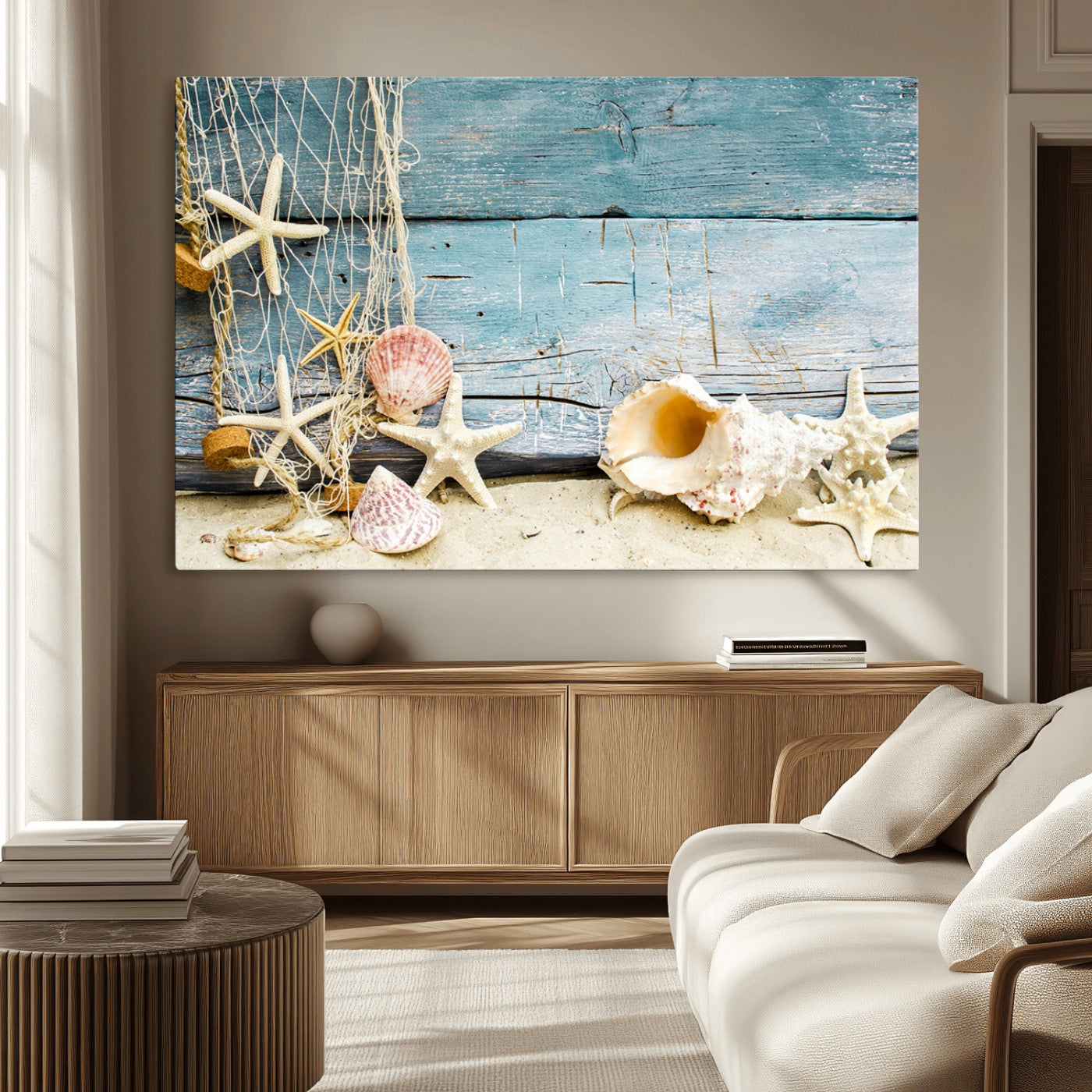 MGV-CV-36X24 - Seashells on Rustic Wooden Background, Seashells Wall Art Canvas Print