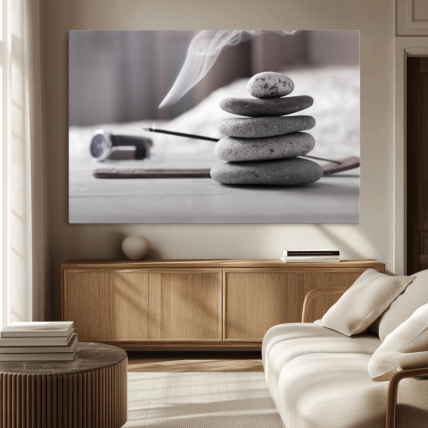 MGV-CV-36X24 - Burning Incense and Zen Stones Buddhism Wall Art, Zen Stones Wall Art Canvas Print