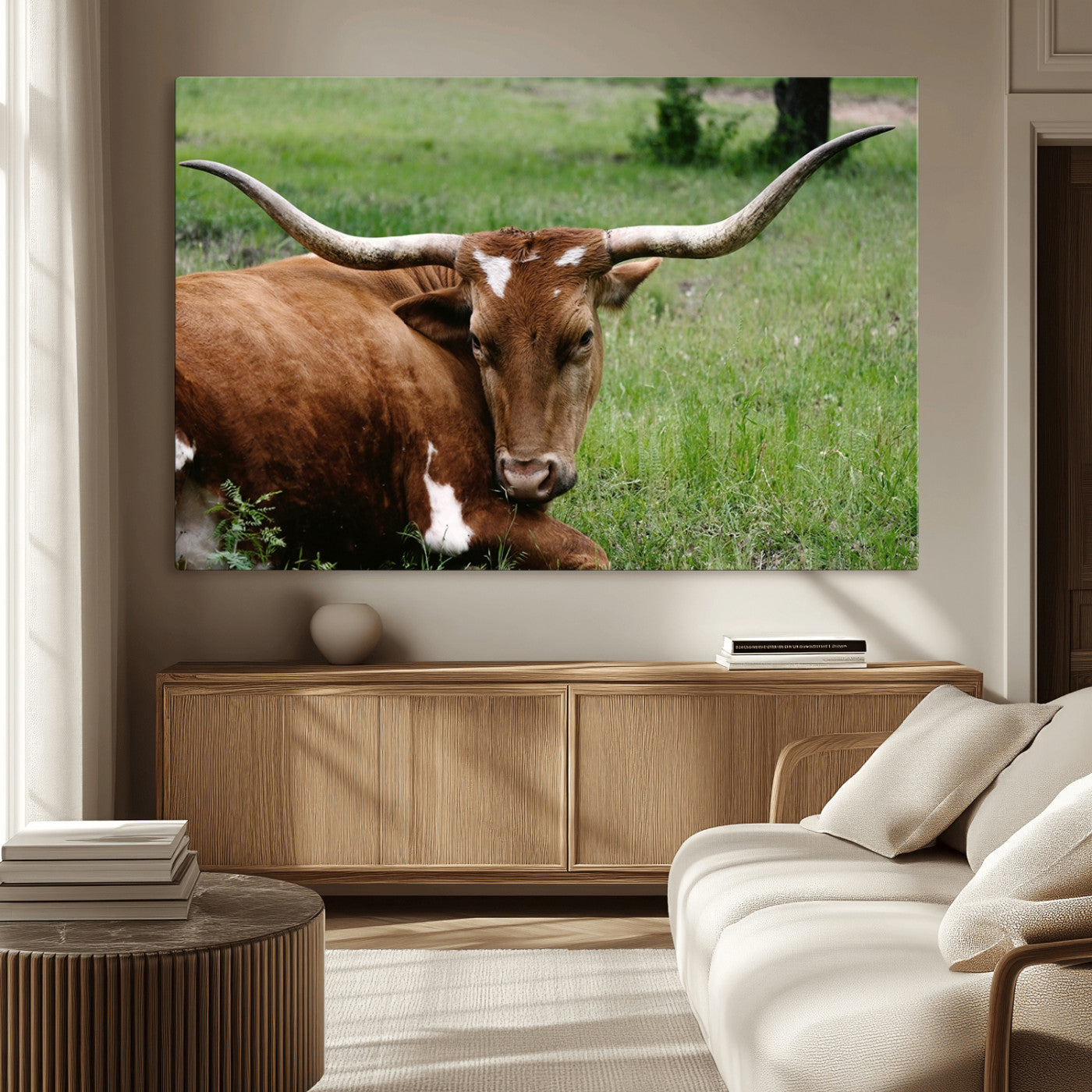MGV-CV-36X24 - Longhorn Steer Canvas Wall Art – Rustic Nature Triptych Decor for Living Room or Office – Ready to