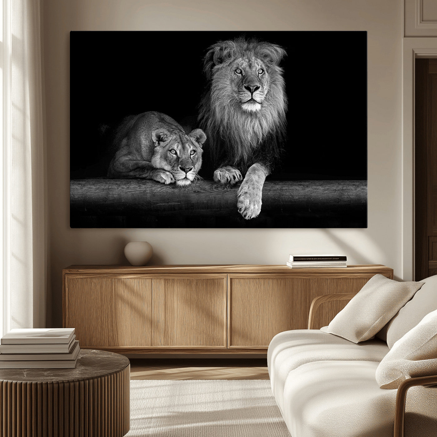 MGV-CV-36X24 - Large Black and White Lion Couple Wall Art Canvas Print