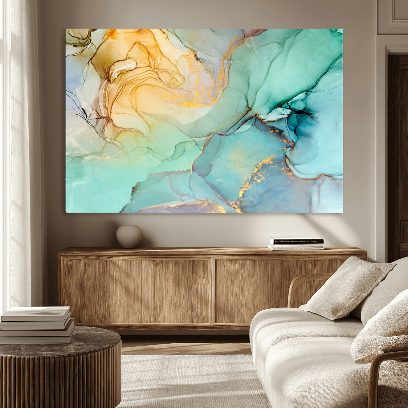 47242-MGV-CV-36X24-Green Marble Fluid Effect Wall Art Abstract Canvas Wall Art Print