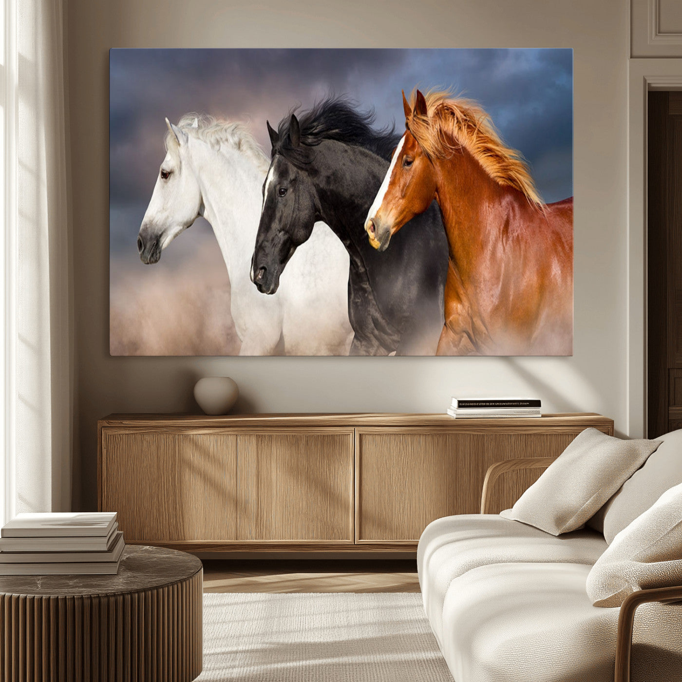 MGV-CV-36X24 - Animal Wall Art Three Horses Farmhouse Art Canvas, Framed Three Horses Canvas Print