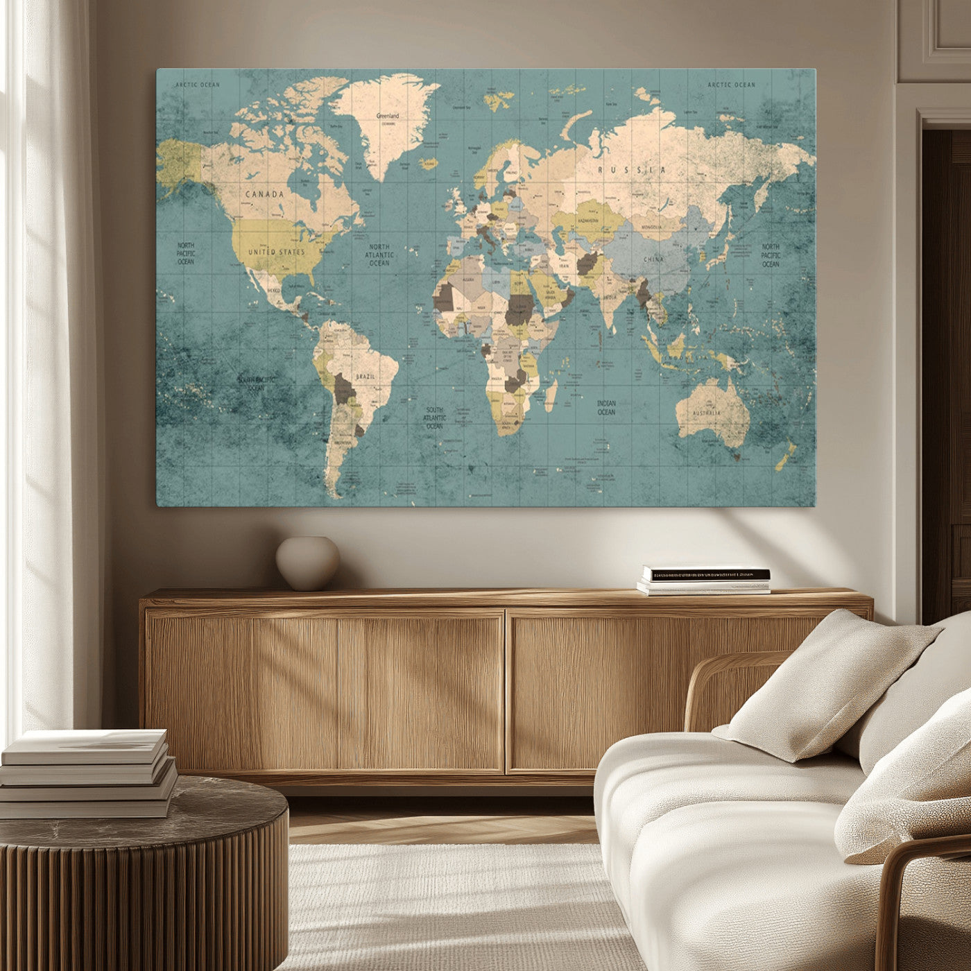 MGV-CV-36X24 - Classic World Map Wall Art Canvas Print, Framed Retro Map Art Picture Print, Vintage Atlas Perfect Rustic Explorer Decor Artwork