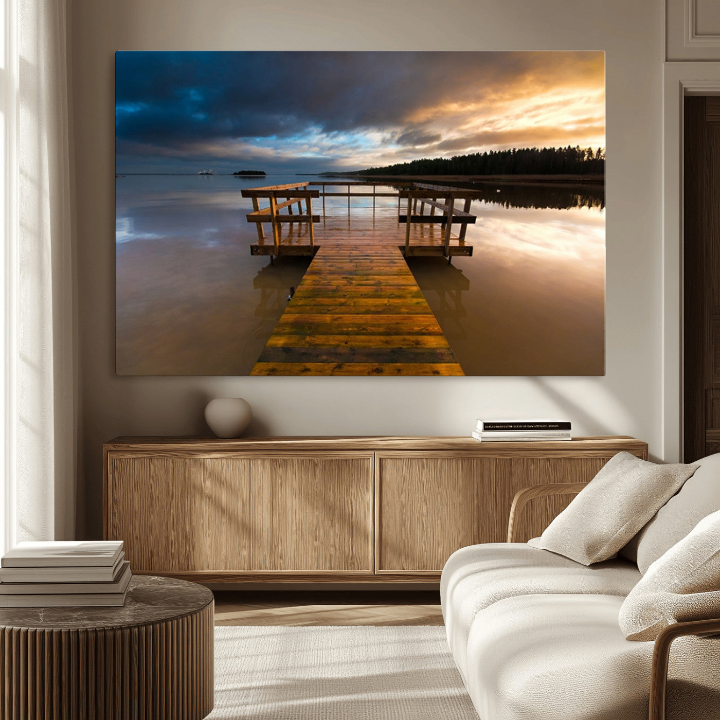 MGV-CV-36X24 - Serene Lake Pier at Sunset Canvas Print | Landscape Canvas Print | Ready to Hang and Framed Wall Art