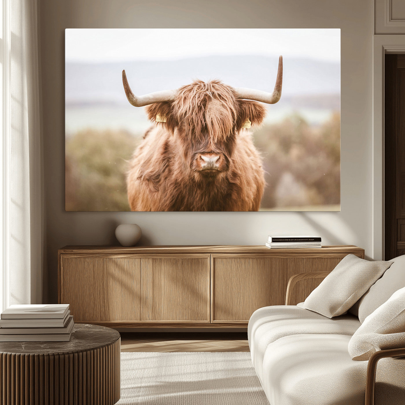 MGV-CV-36X24 - Scottish Serene Highland Cow Canvas Wall Art – Serene Highland Cow in Natural Pastel Tones – Ready