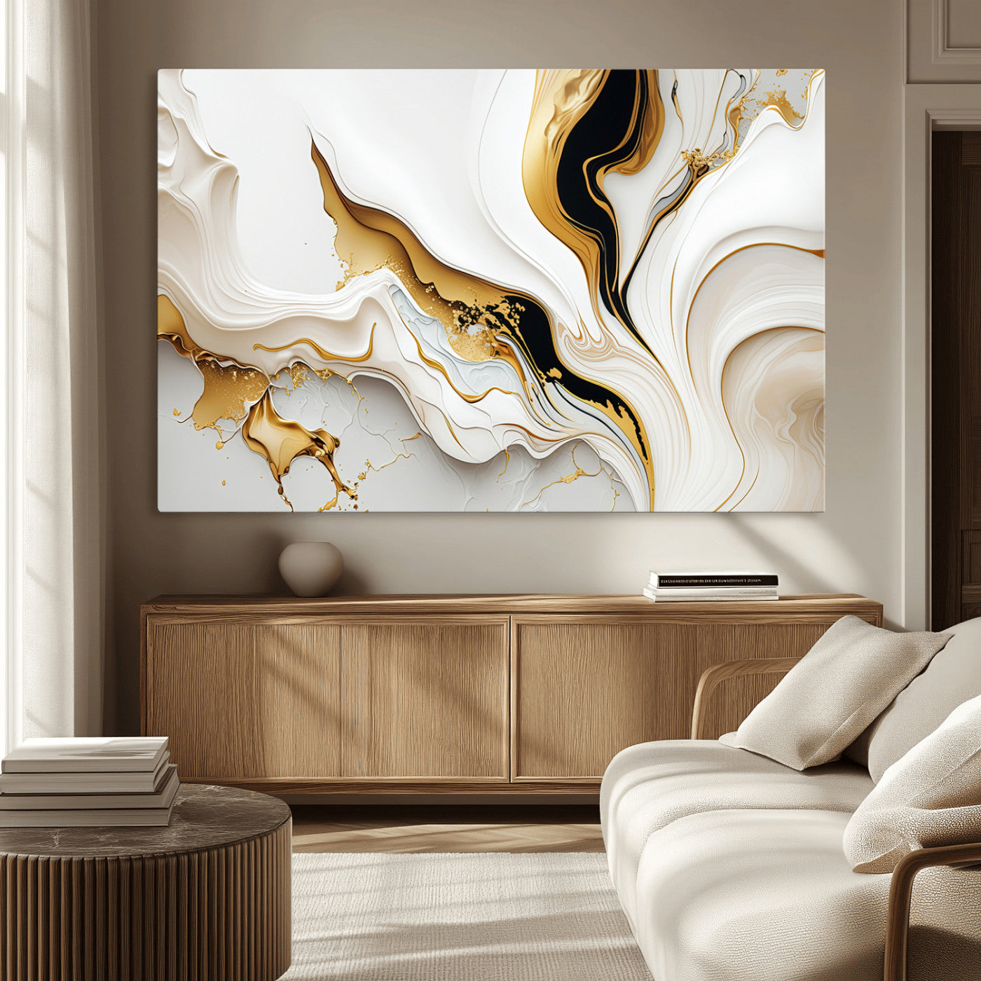 -Gold Waves on Pure White Canvas – Gold Abstract Art for Modern Interiors | Wall Art Canvas, Framed &