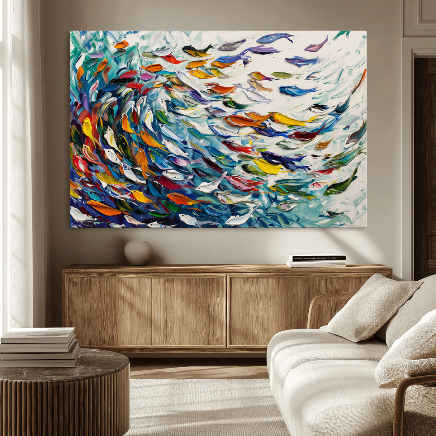 -Modern Abstract Fish Shoal Wall Art Canvas Print, Colorful Fish Herd Painting on Canvas Print, Ocean