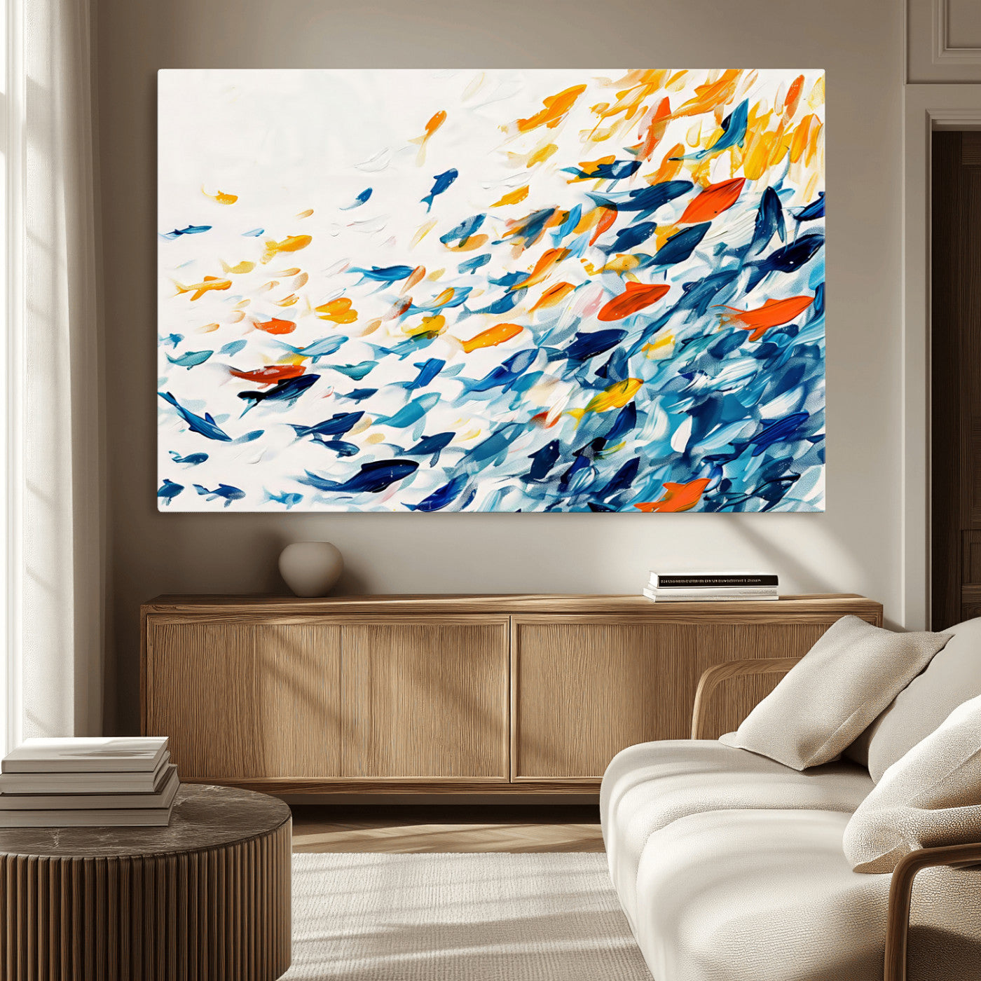 MGV-CV-36X24 - Abstract Fish Shoal Wall Art Canvas Print, Colorful Fish Herd Painting on Canvas Print, Ocean Animal
