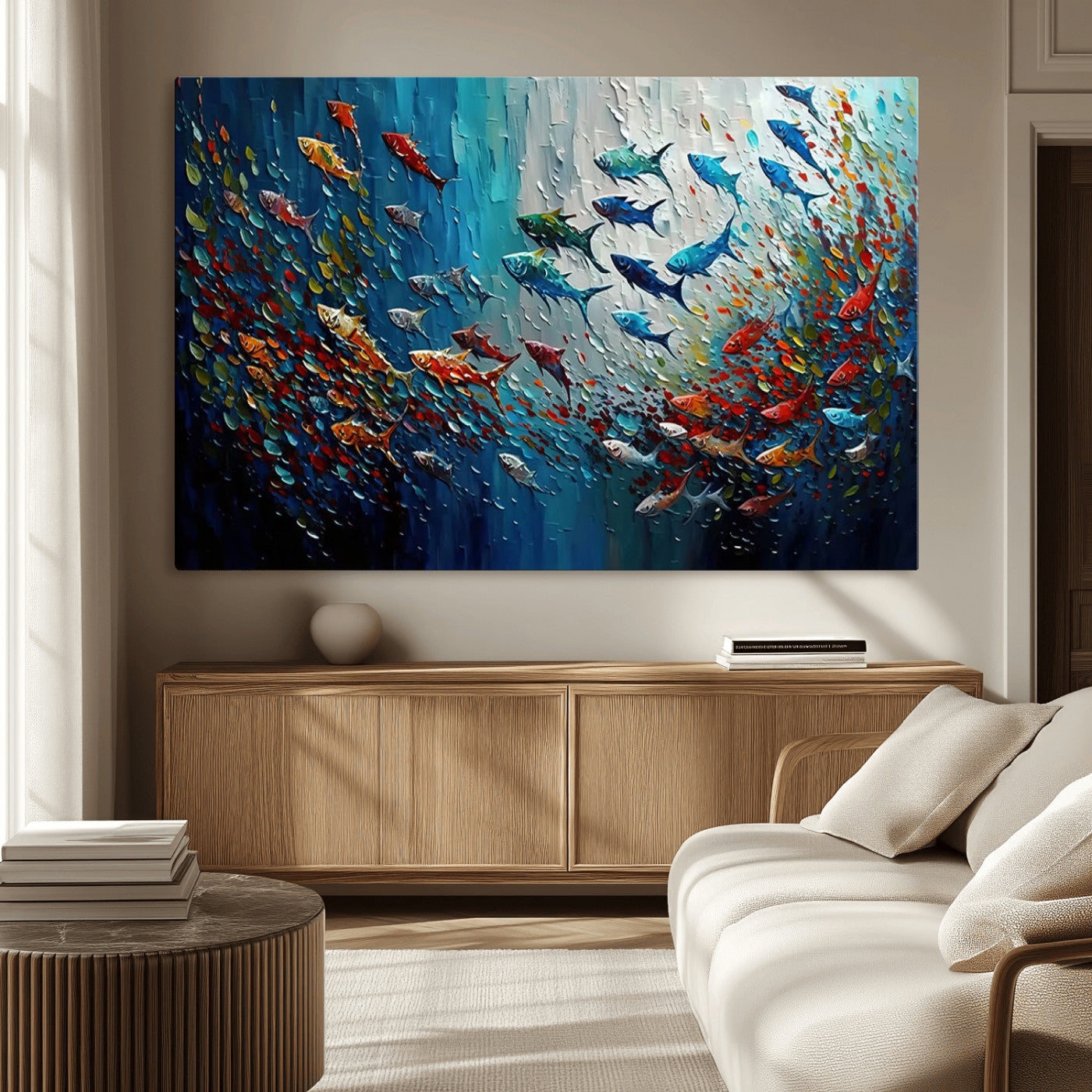 -Modern Abstract Fish Shoal Wall Art Canvas Print, Colorful Fish Herd Painting on Canvas Print, Ocean