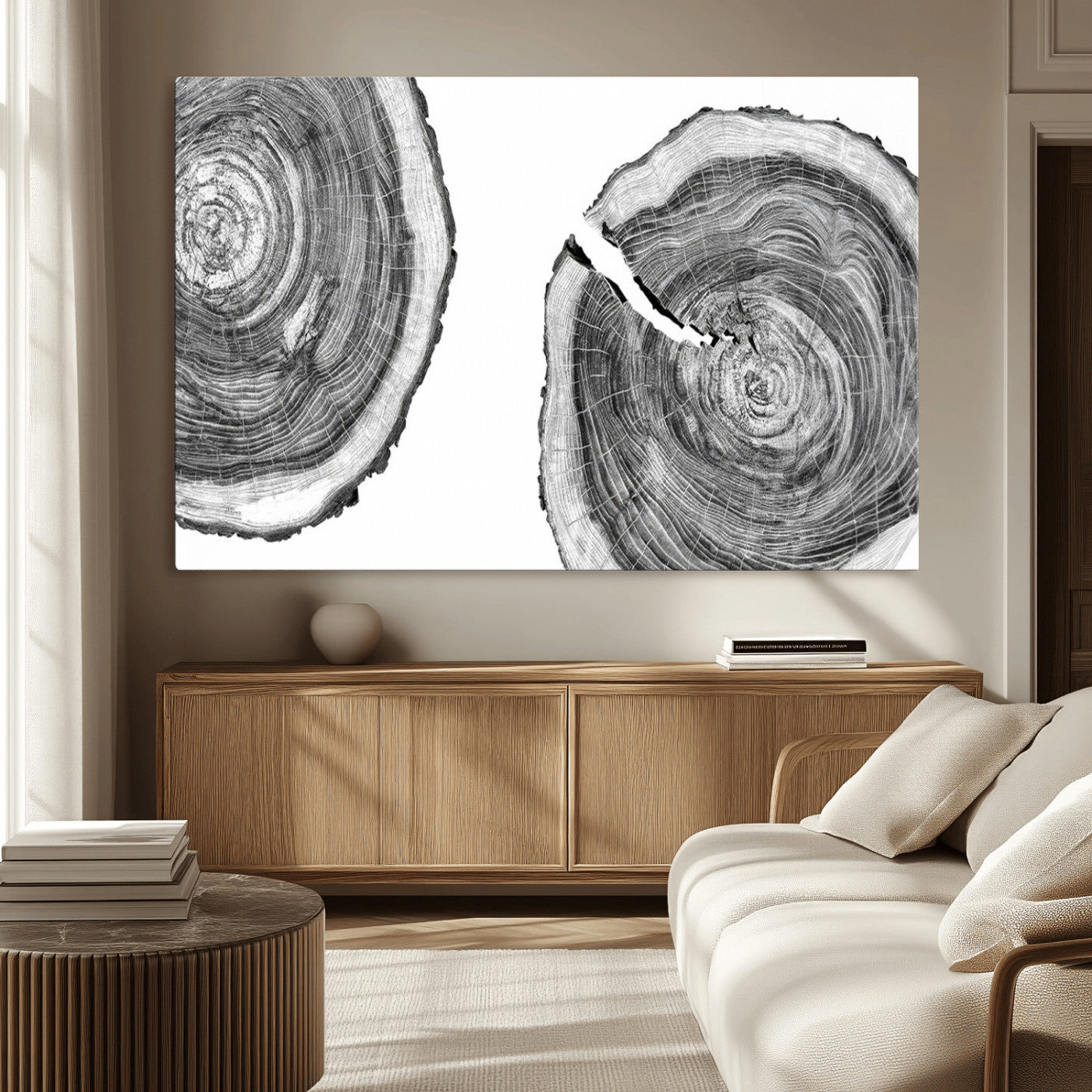 MGV-CV-36X24 - Modern Black and White Tree Rings Canvas Wall Art – Nature Inspired Wood Slice Print – Minimalist