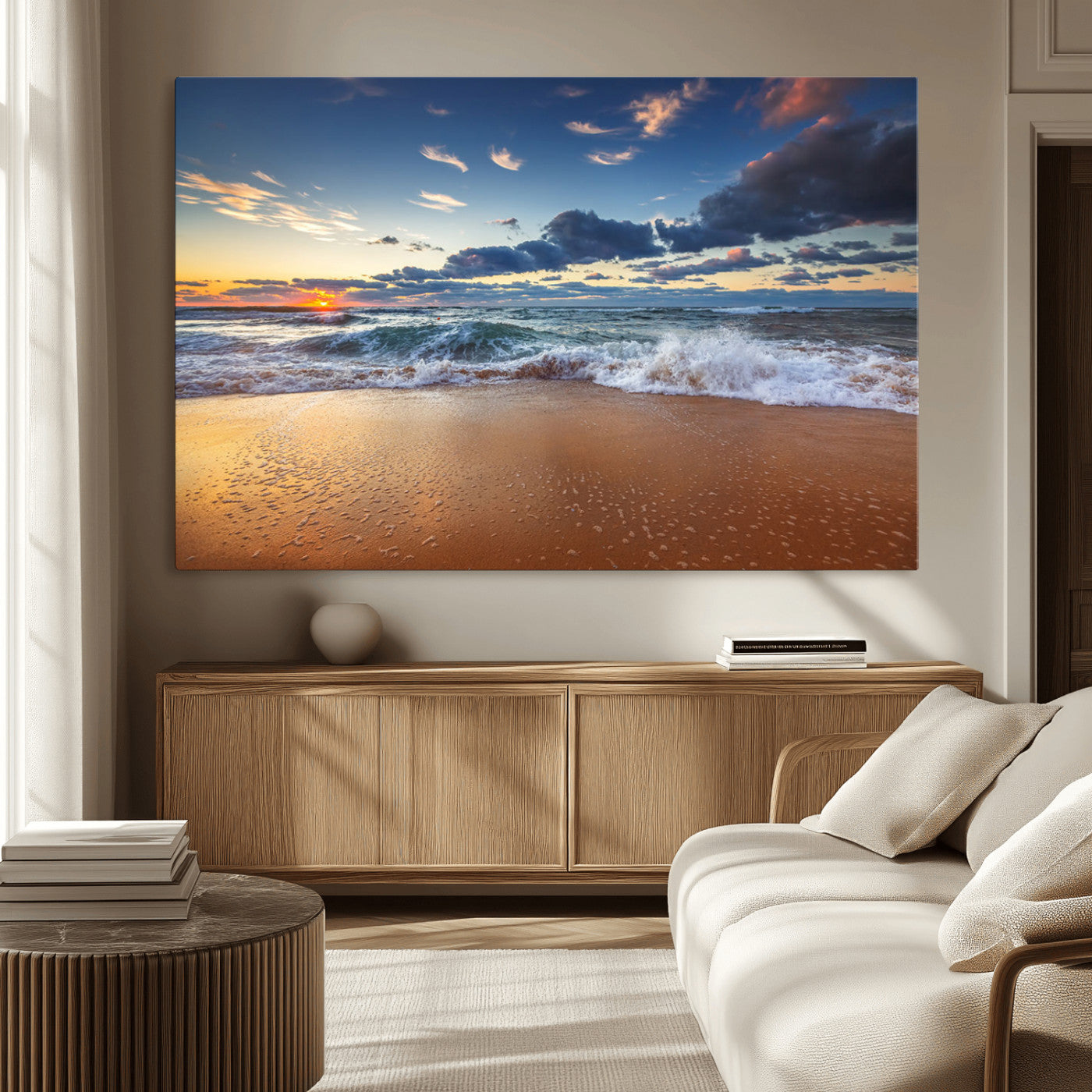 MGV-CV-36X24 - Beach Canvas Wall Art - Coastal Seascape Print for Living Room or Bedroom, Ocean Waves on Sand,